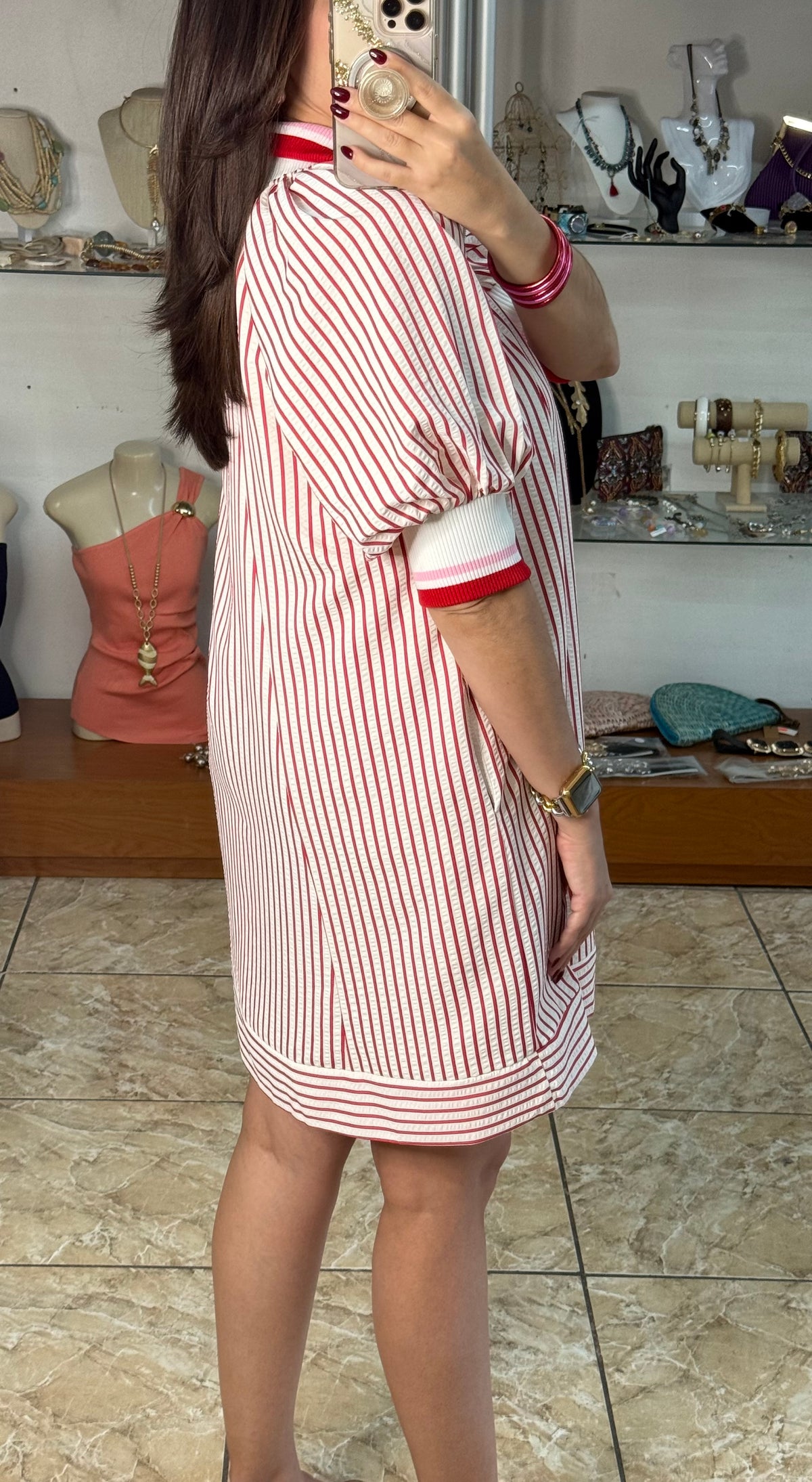 Collared Half-Zip Striped Tunic Dress