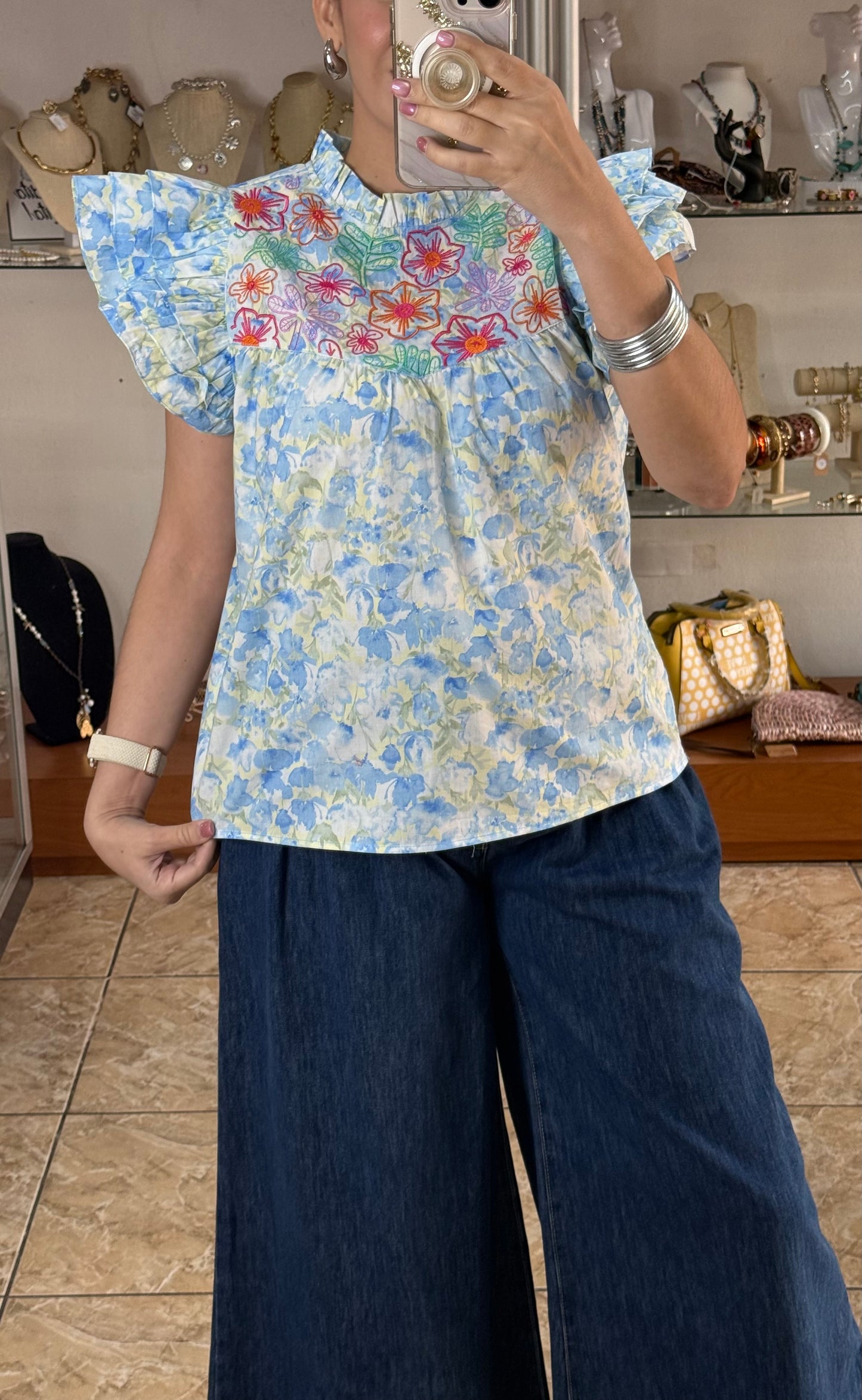 Blue Floral Embroidered Top