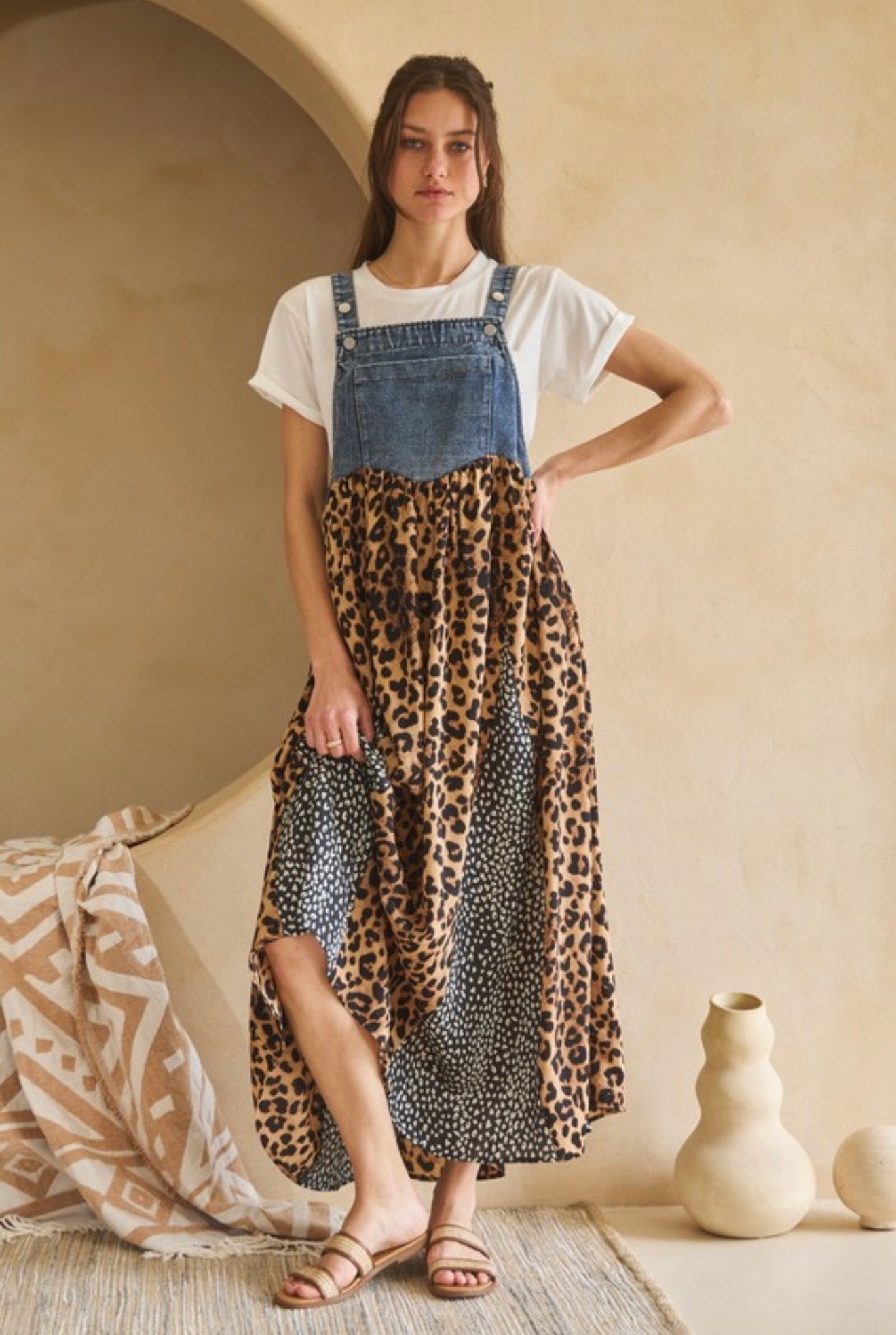 Denim Leopard Overall Dress (PLUS)