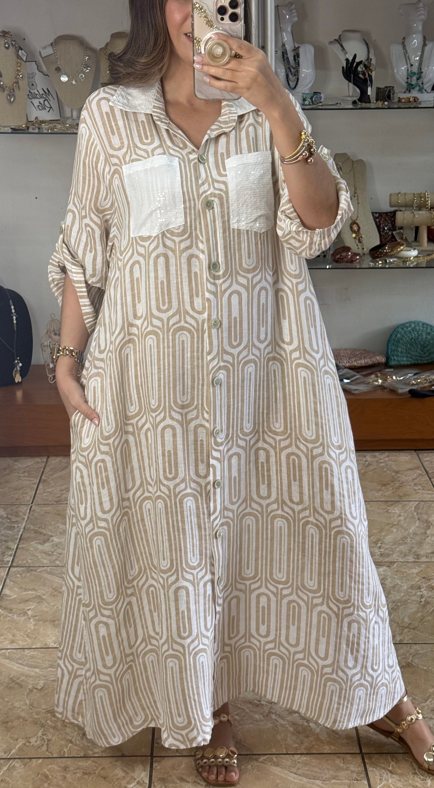 OS Geometric Linen Maxi Dress (NO RETURNS OR EXCHANGE)