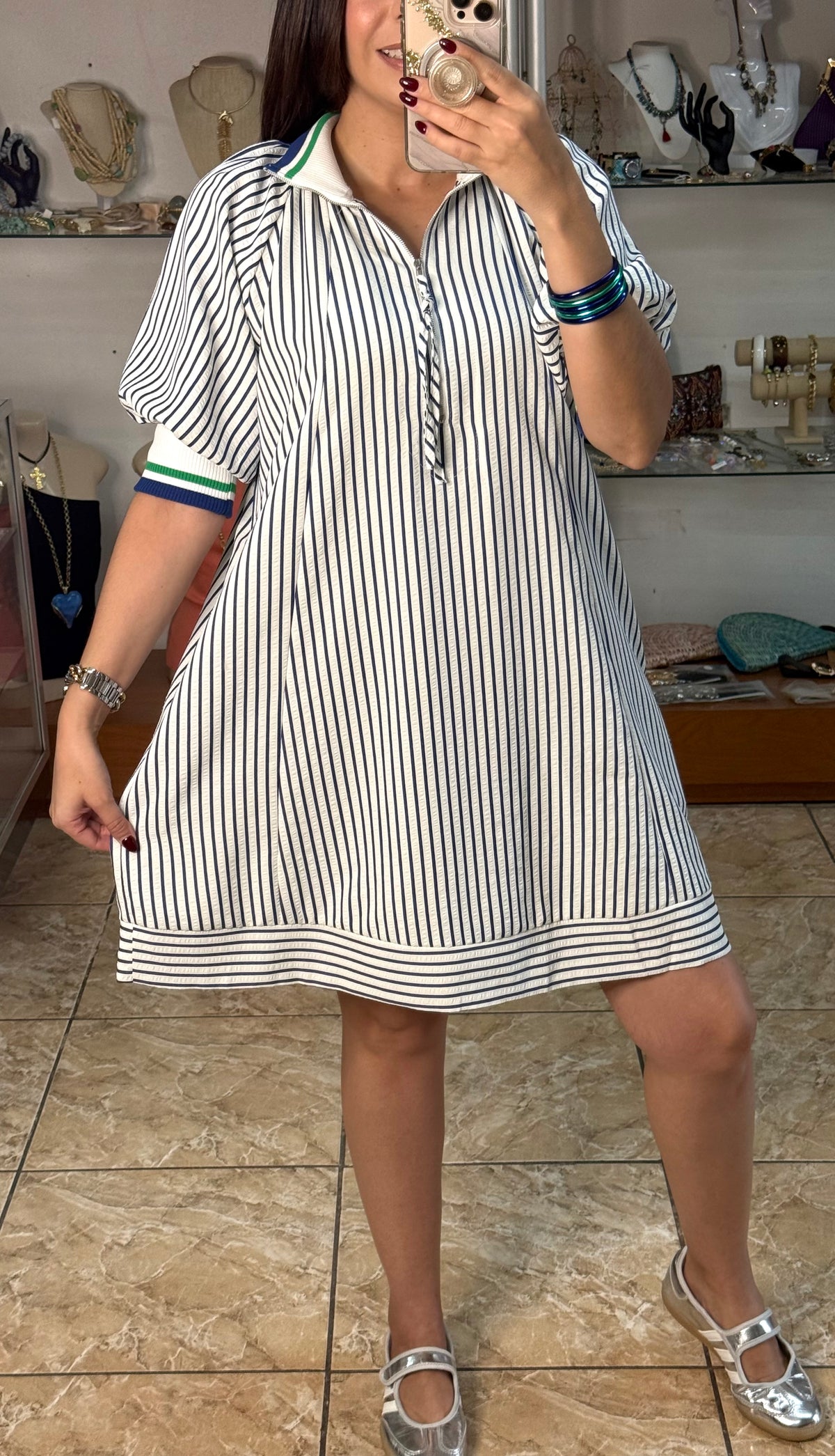 Collared Half-Zip Striped Tunic Dress