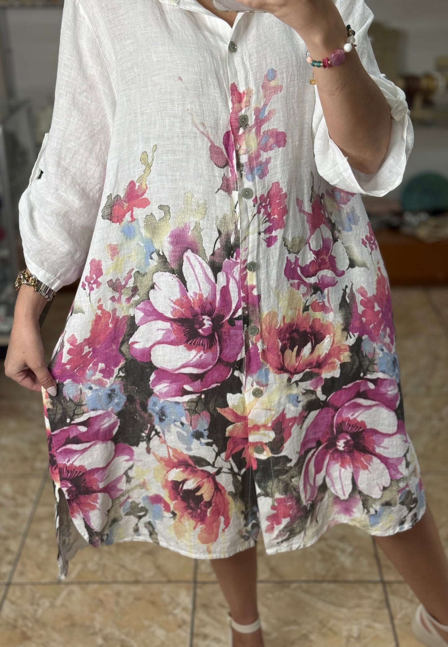 Pink Flowers OS Linen Dress (NO RETURNS OR EXCHANGE)