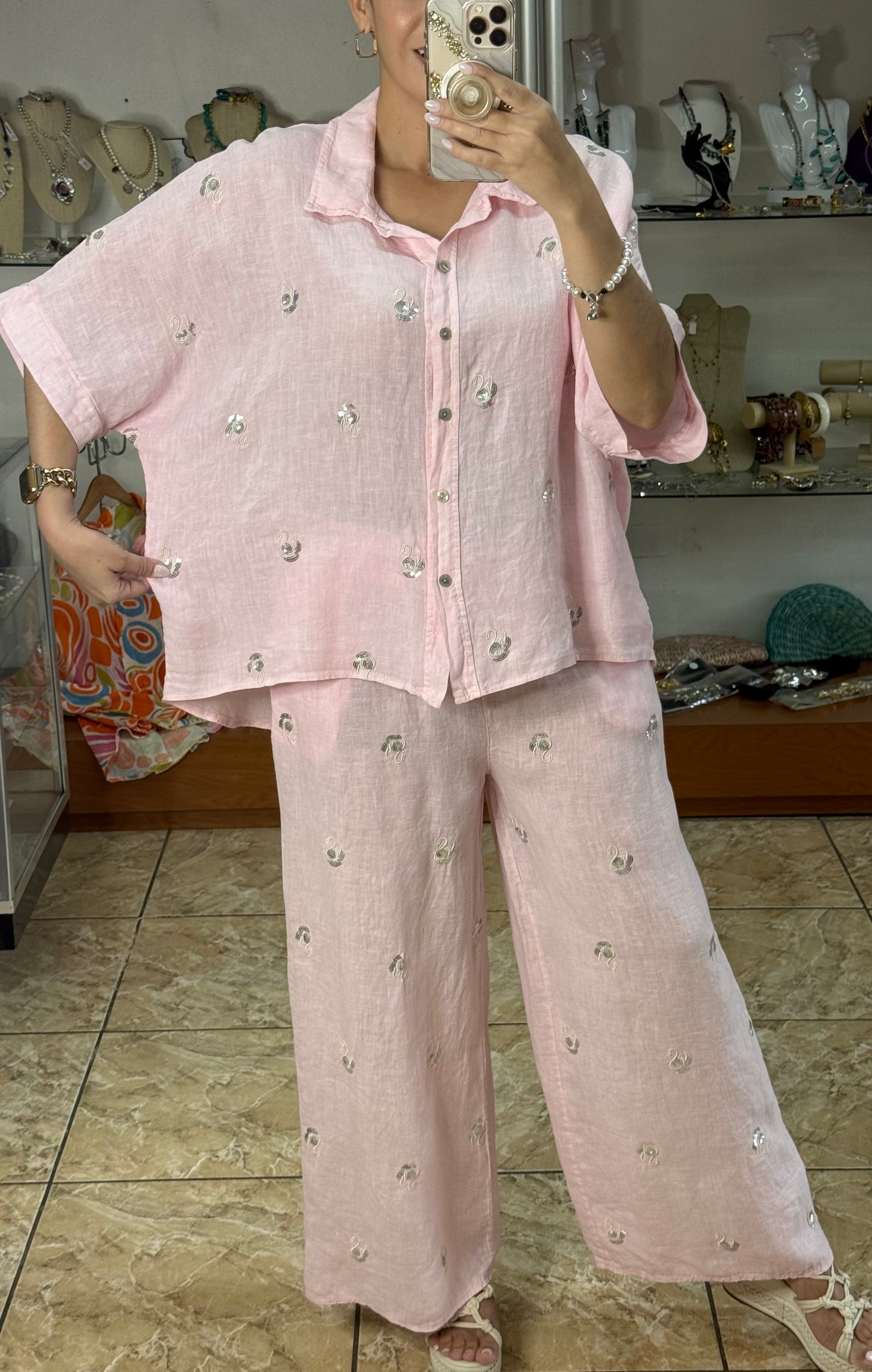 Swans Sequins OS Linen Pant Set (NO RETURNS OR EXCHANGE)