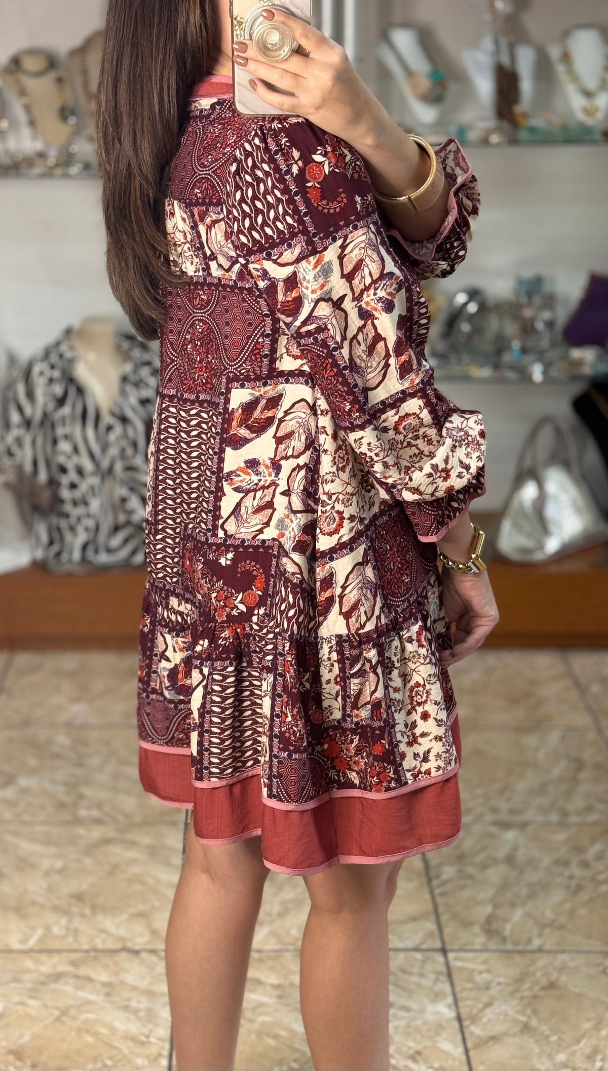 Patchwork Print Tiered Mini Dress