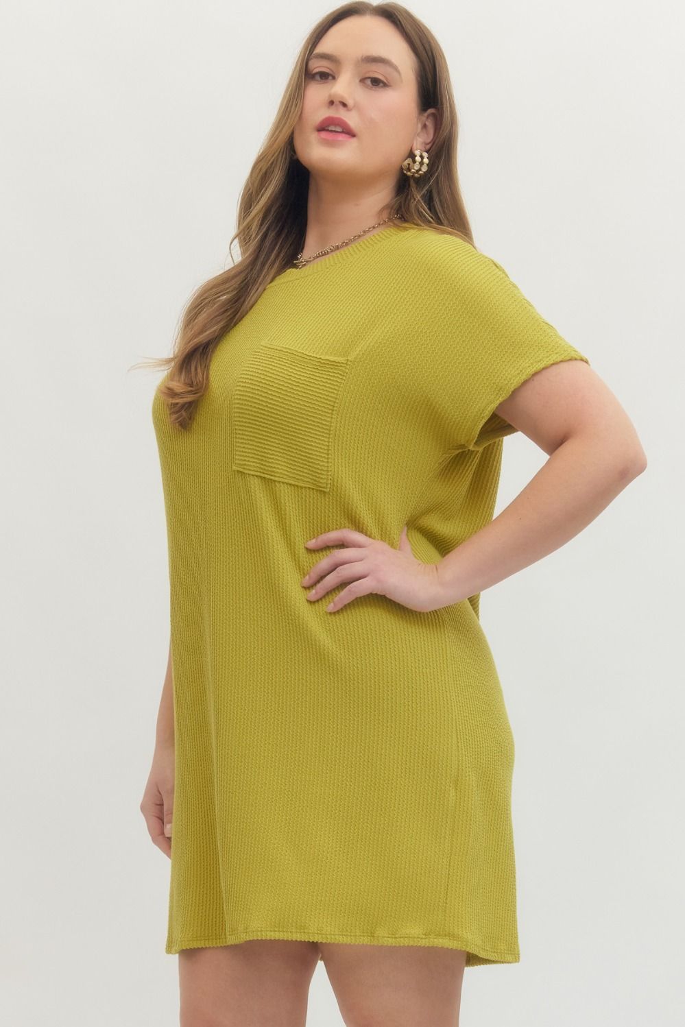 Chartreuse Ribbed Basic Dress (PLUS)