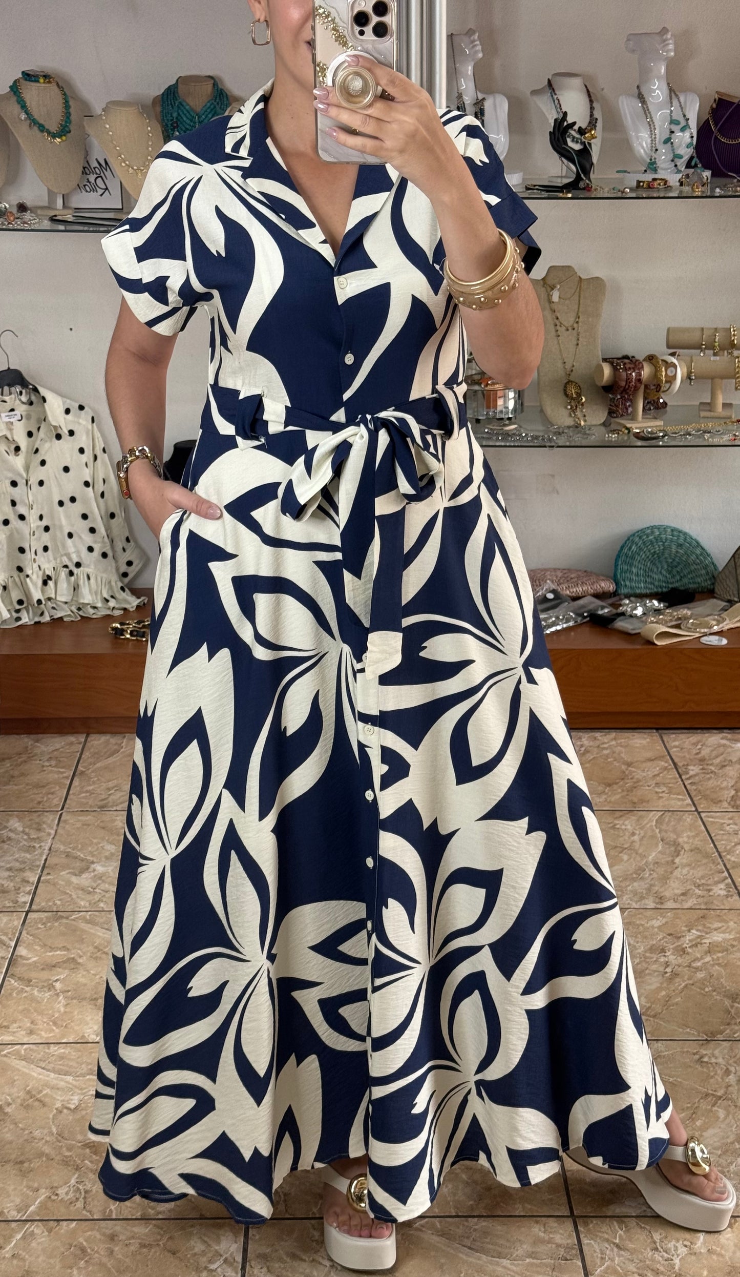 Navy Floral Belted Maxi Dress