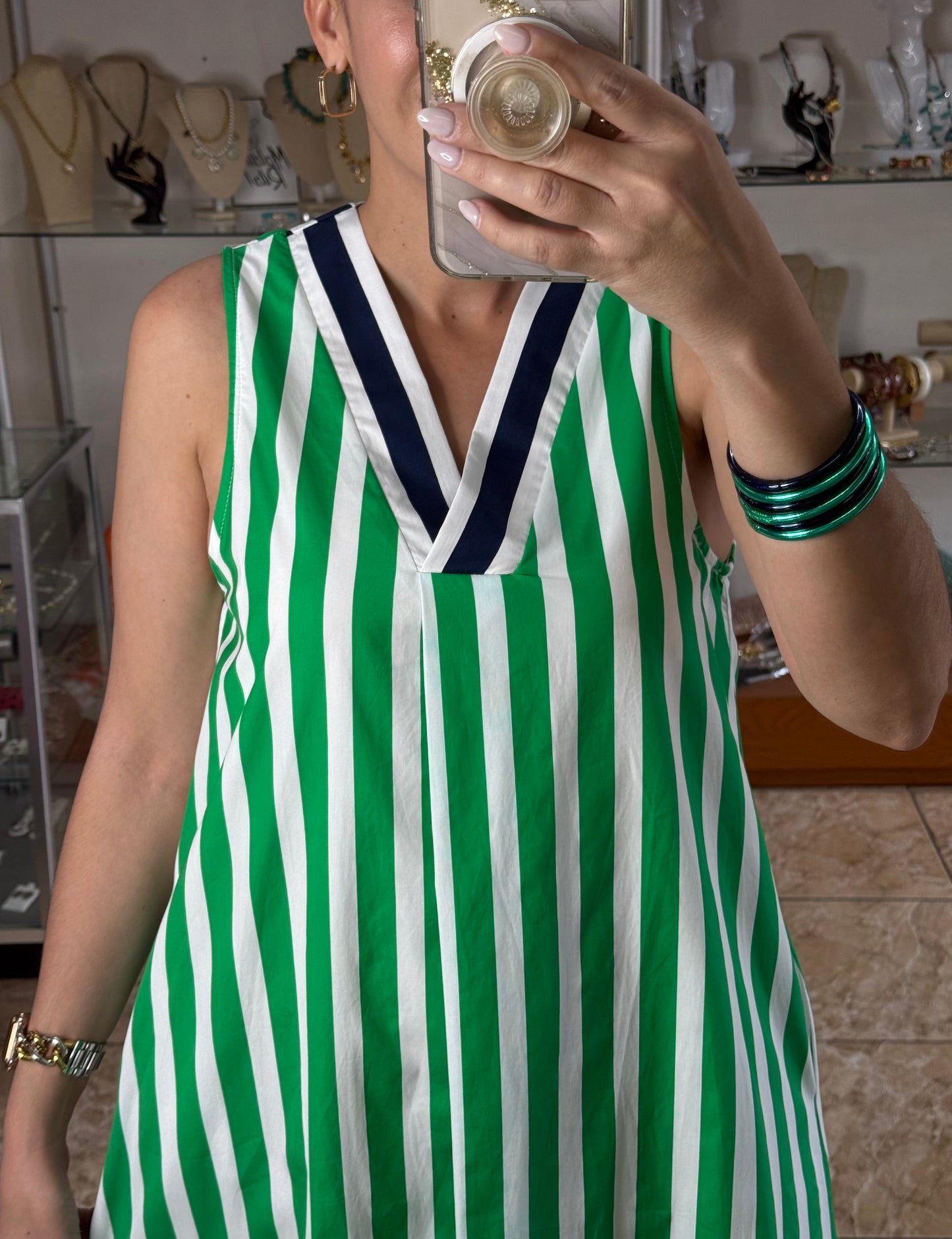 Green/Navy Stripes Midi Dress