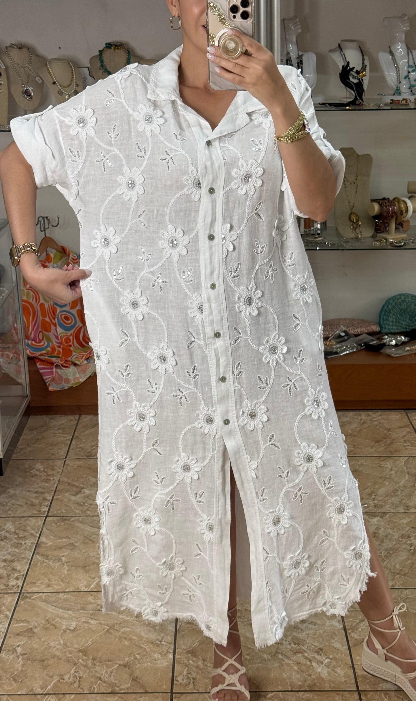 OS Embroidered/Sequins Linen Maxi Dress (NO RETURNS OR EXCHANGE)