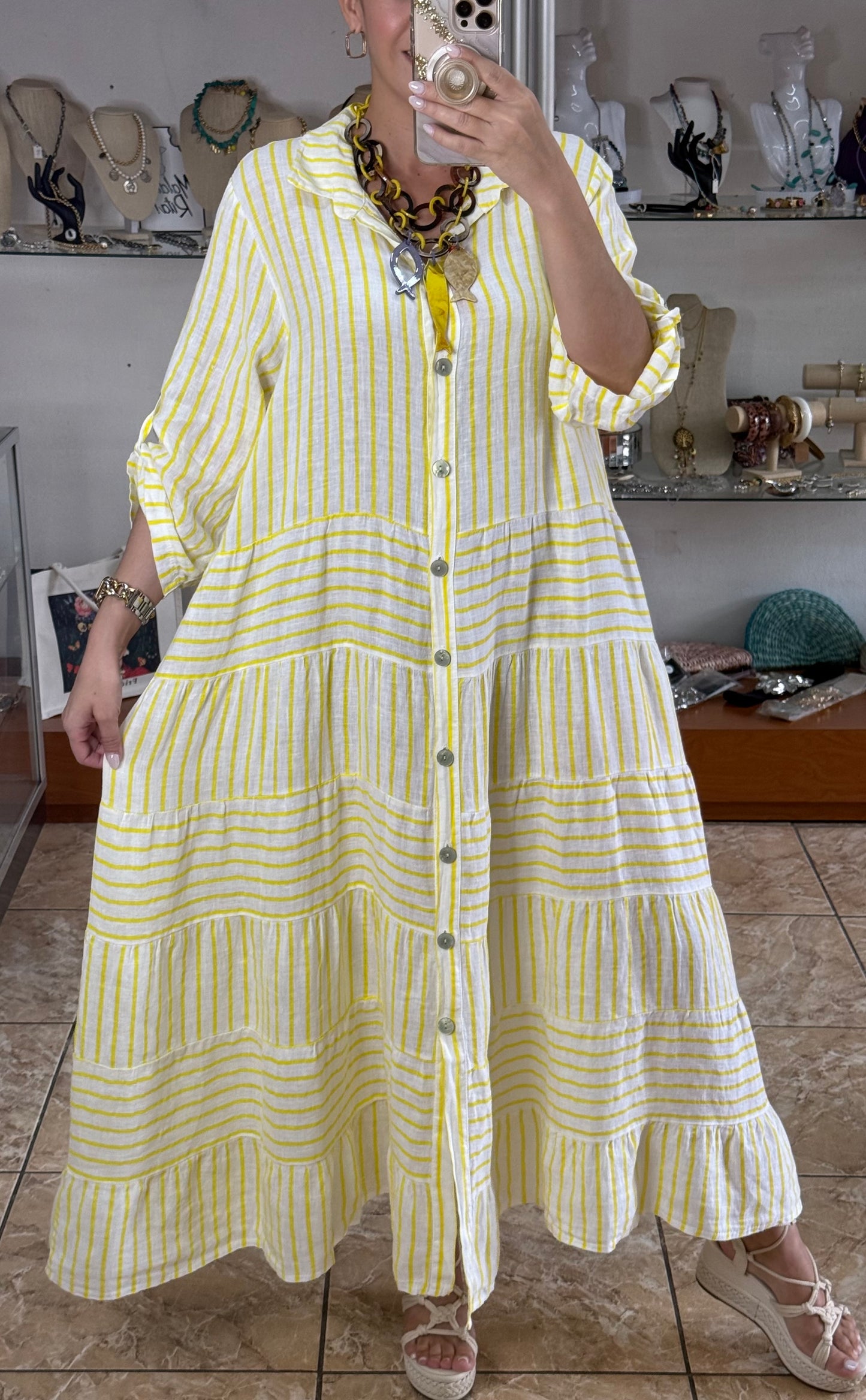 OS Linen Stripes Button Down Maxi Dress (NO RETURNS OR EXCHANGE)