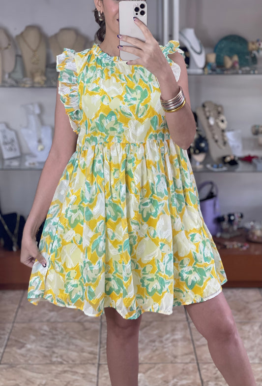 Yellow/Green Floral Doll Dress