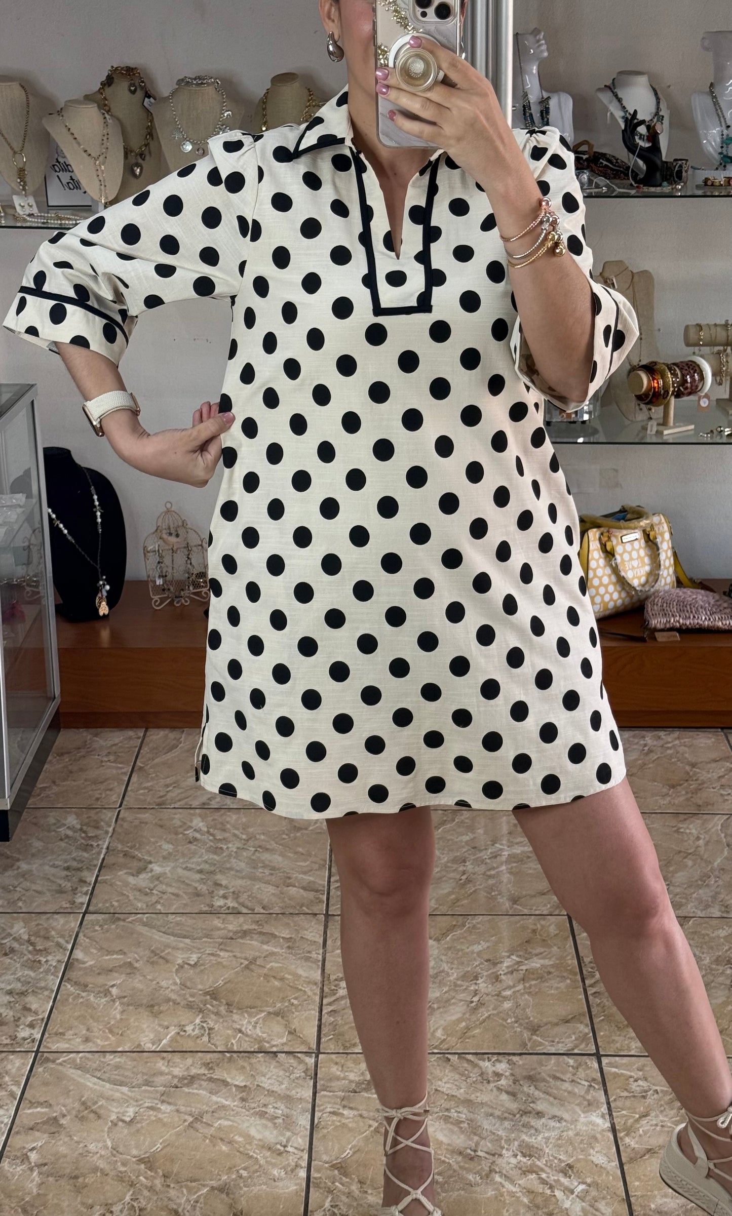 Black/Cream Polkadots Mini Dress