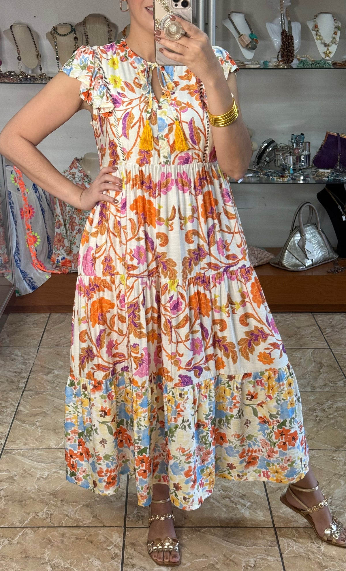 Orange Mix Floral Midi Dress