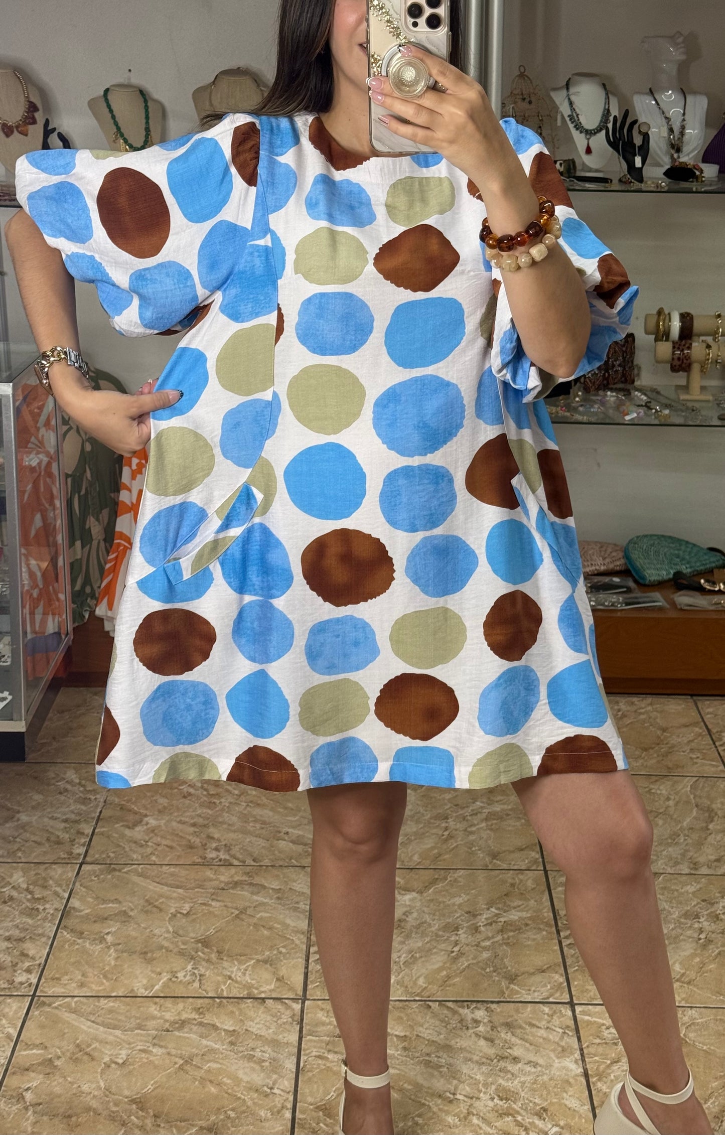 Blue Mix Polkadots Mini Dress