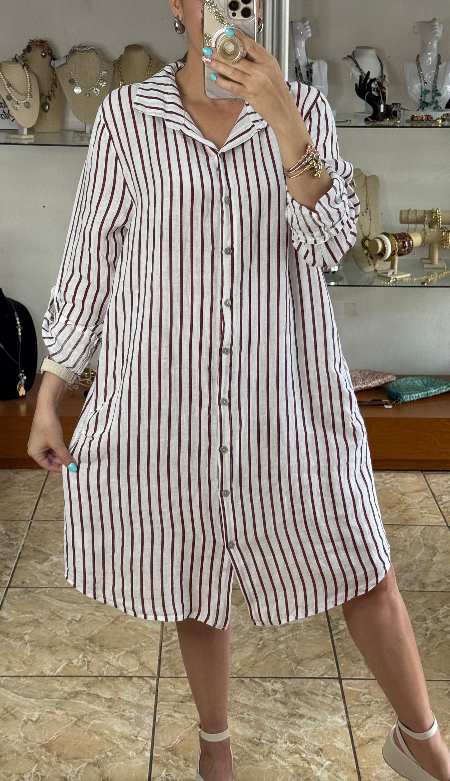 White/Wine OS Stripes Linen Dress (FINAL SALE)
