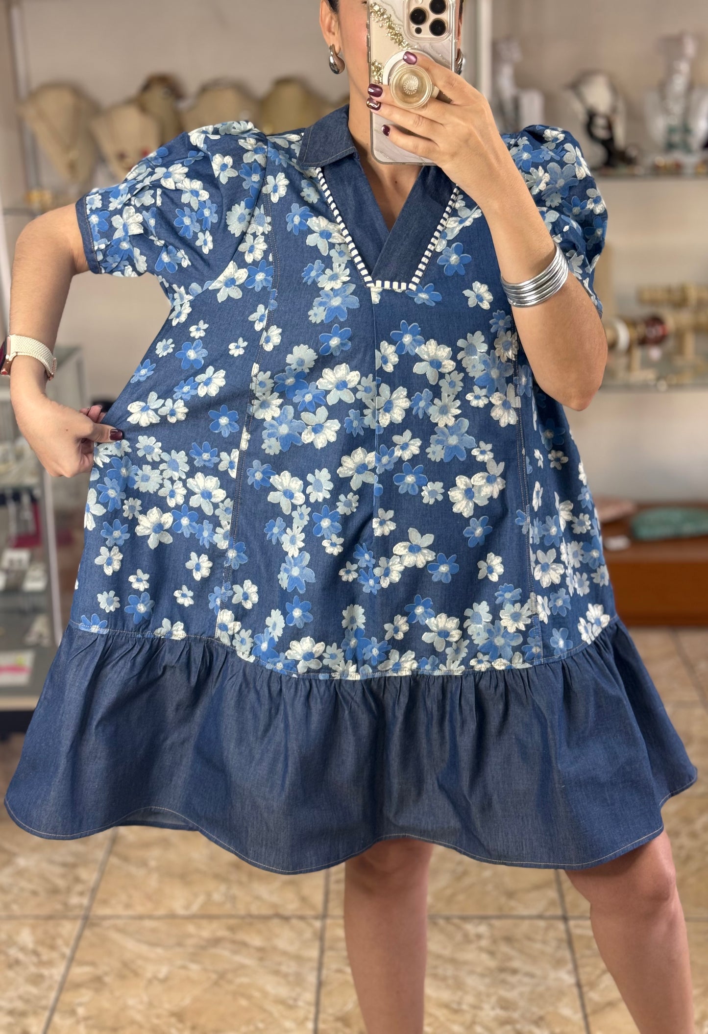 Chambray Floral Puff Sleeves Dress