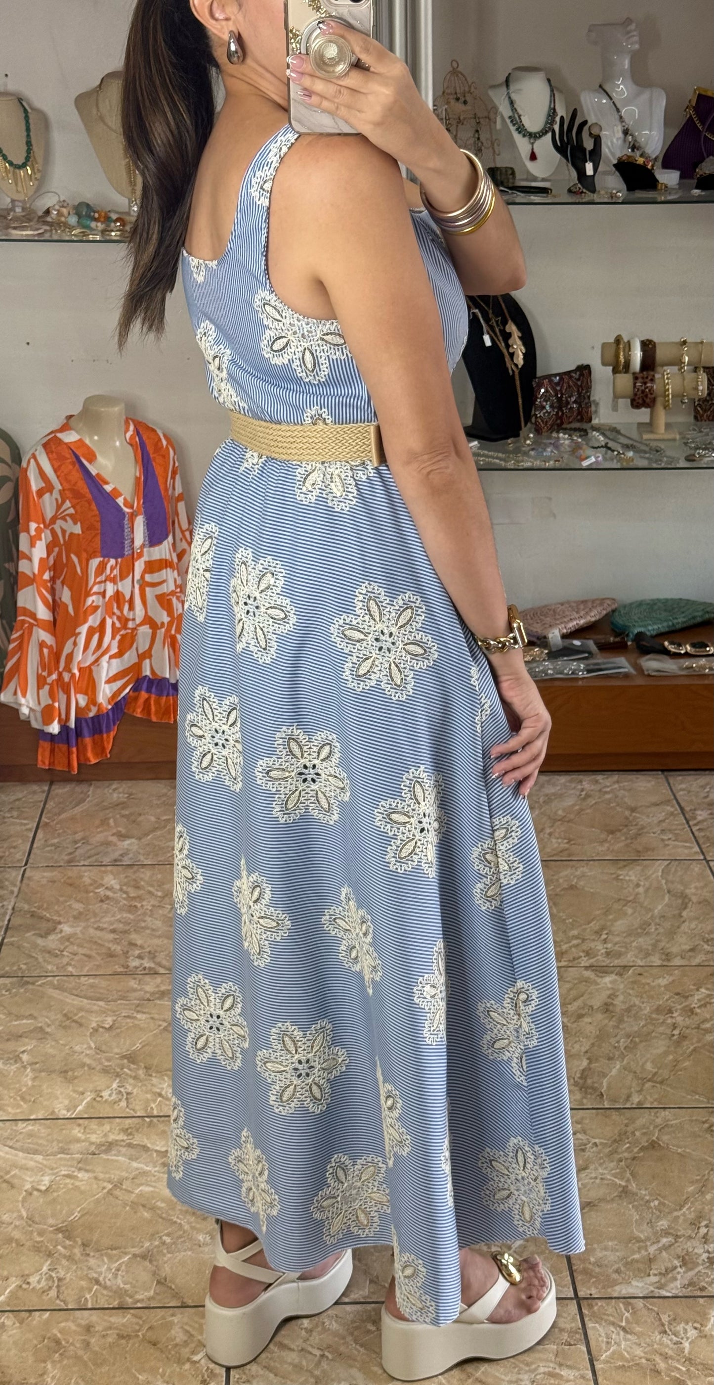 Stripes & Flowers OS Belted Maxi Dress (NO RETURNS OR EXCHANGE)