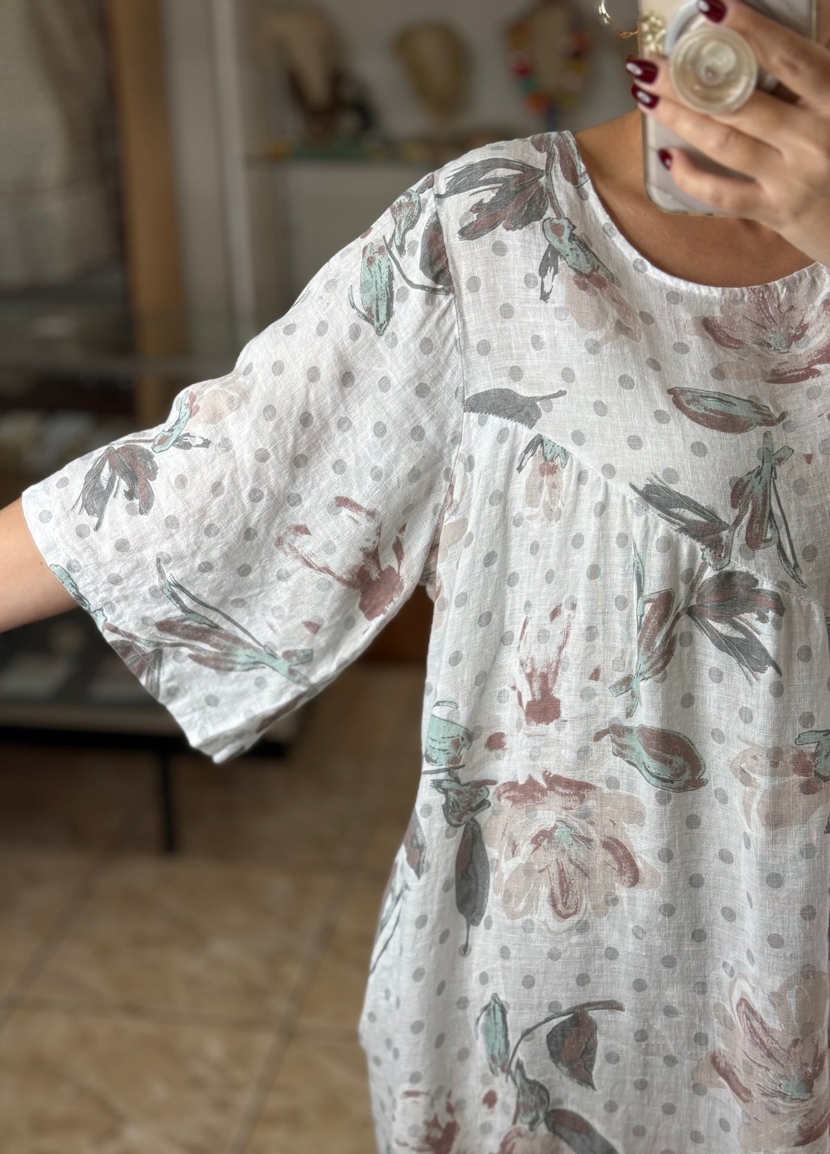 OS Floral/Polkadots Linen Dress (NO RETURNS OR EXCHANGE)