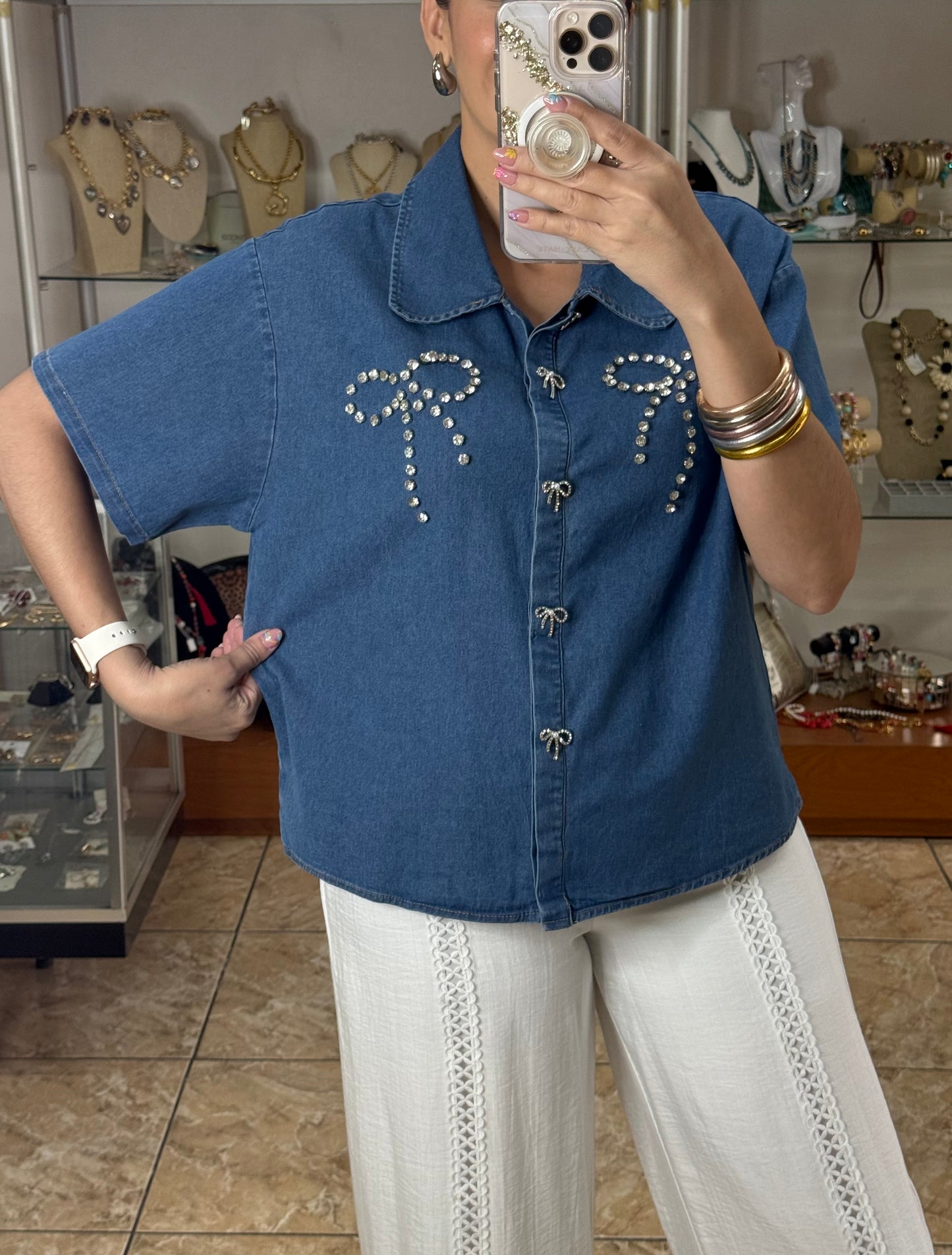 Rhinestone Ribbons Denim Top