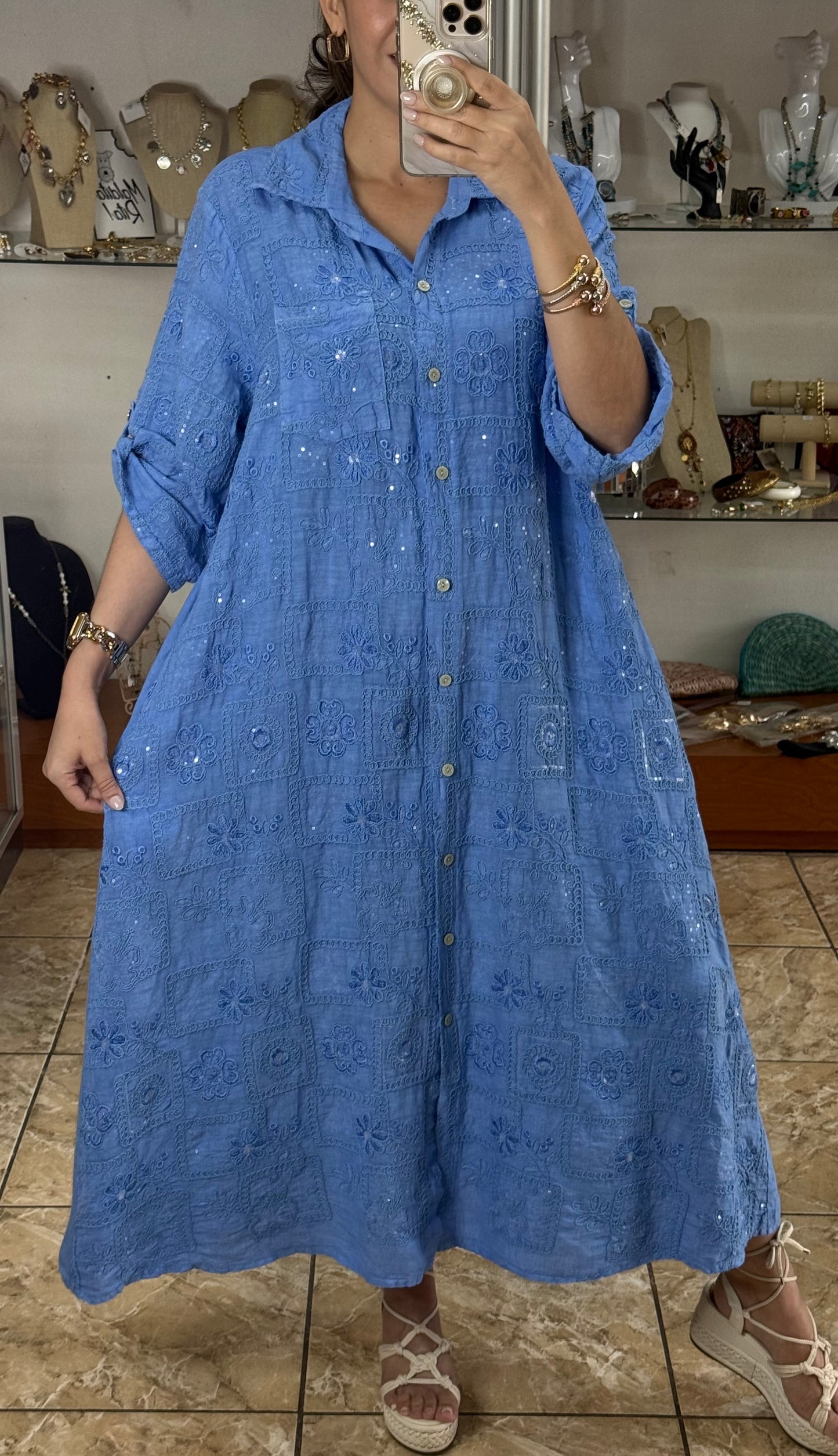 OS Sequins Embroidered Linen Maxi Dress (NO RETURNS OR EXCHANGE)