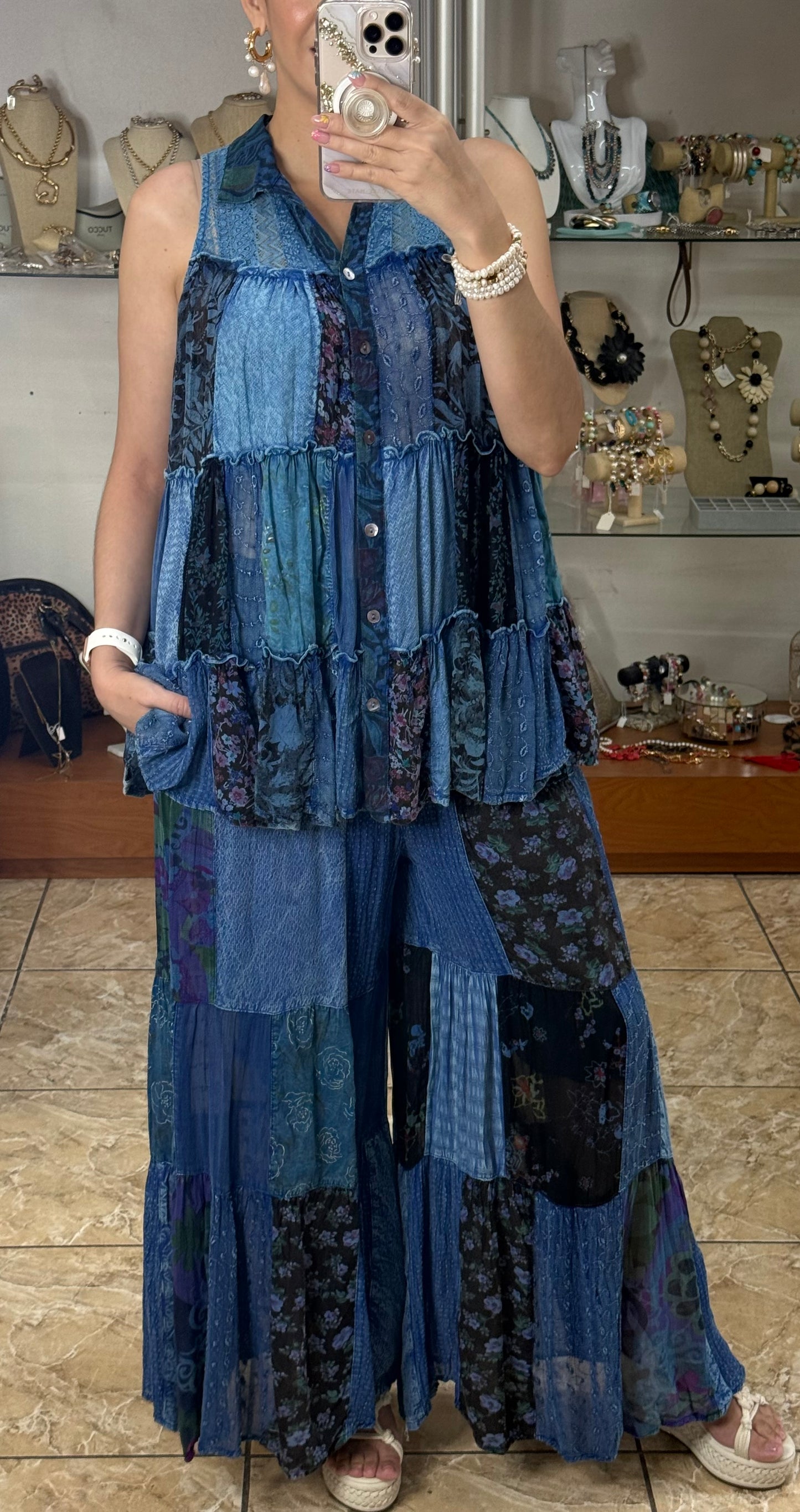 Blue Patches Boho Top and Pant Set (FINAL SALE)