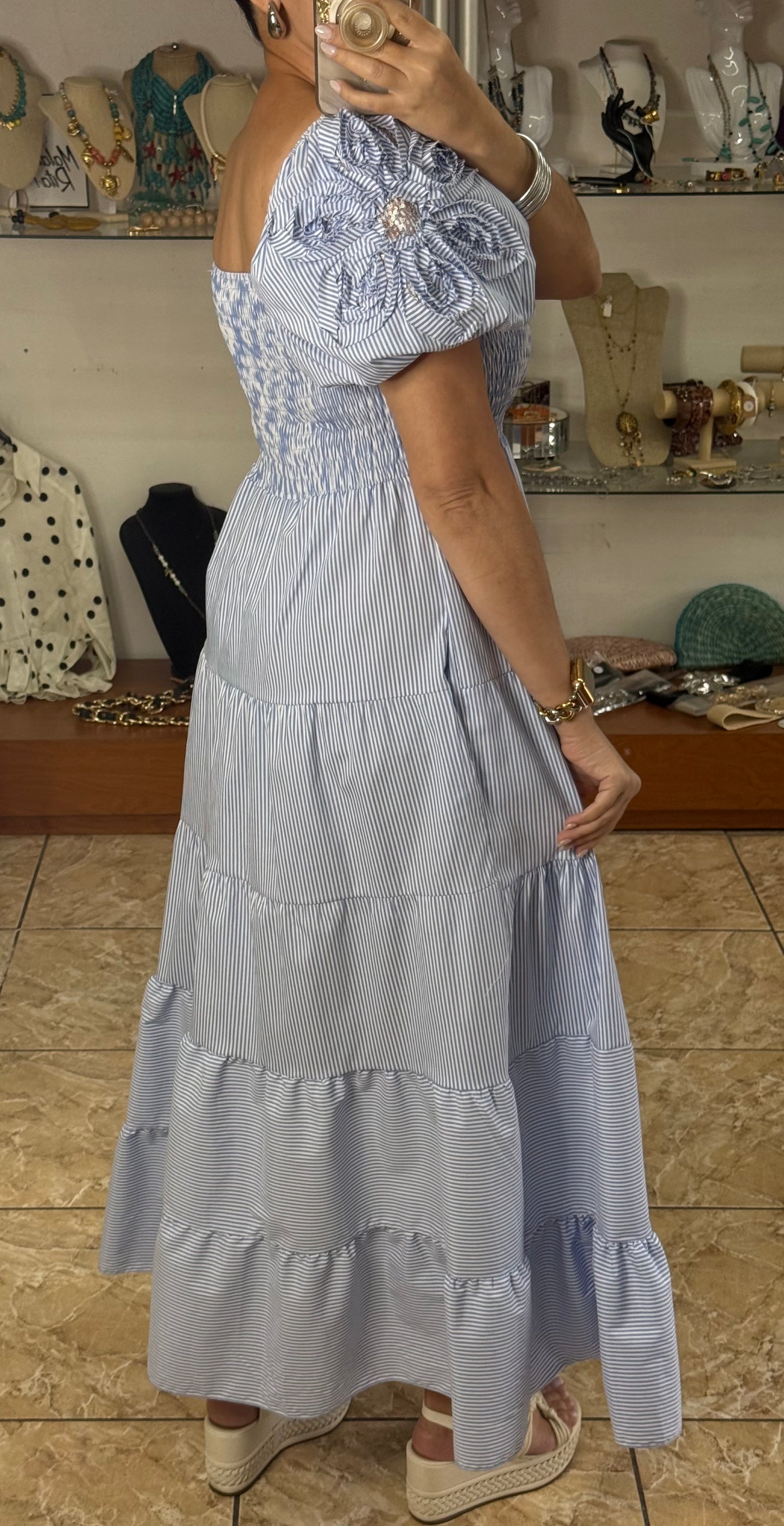 Blue Stripes Puff Sleeves OS Maxi Dress (NO RETURNS OR EXCHANGE)