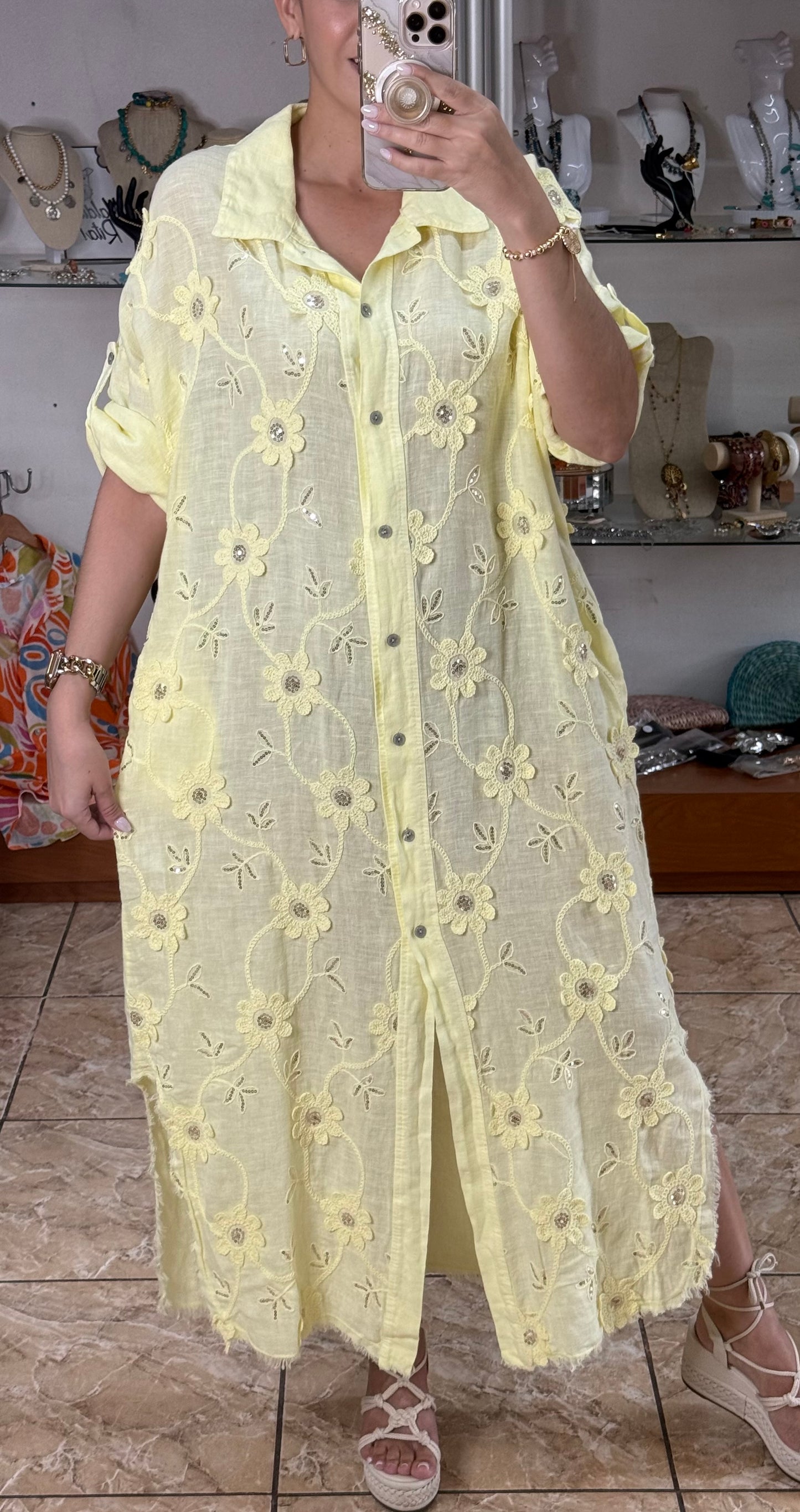OS Embroidered/Sequins Linen Maxi Dress (NO RETURNS OR EXCHANGE)