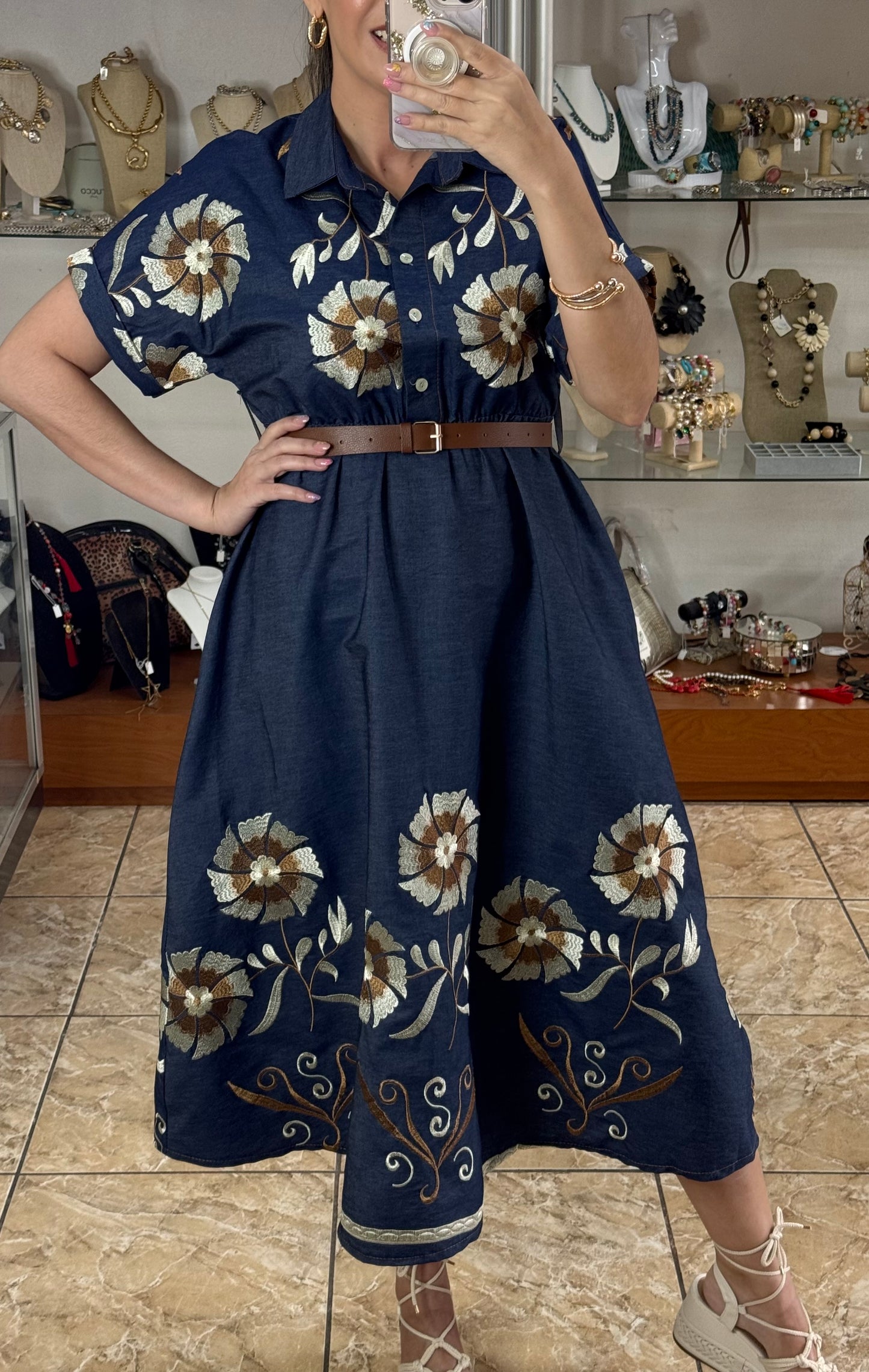 Floral Embroidered OS Denim Dress (FINAL SALE)