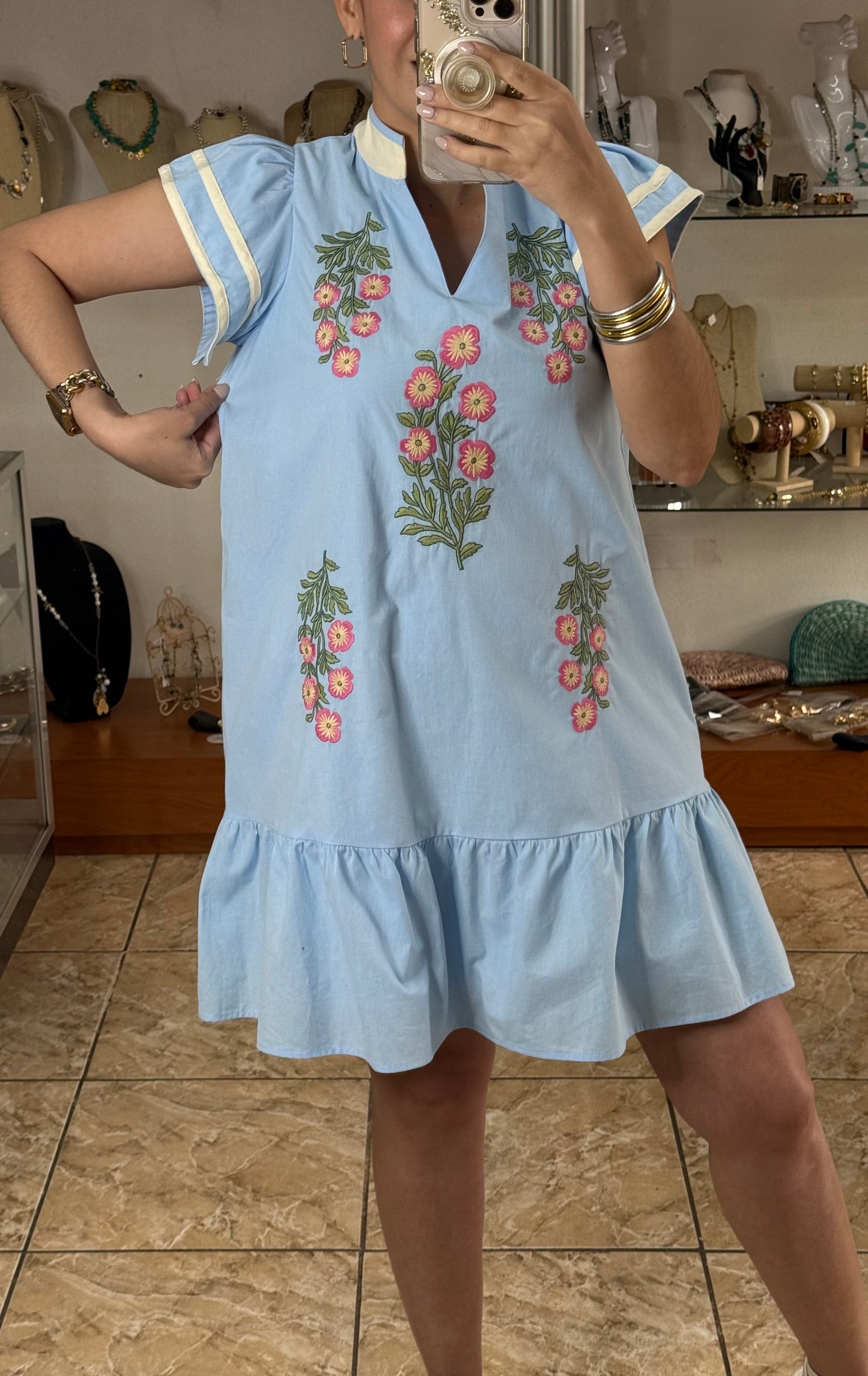 Sky Blue Floral Embroidered Mini Dress