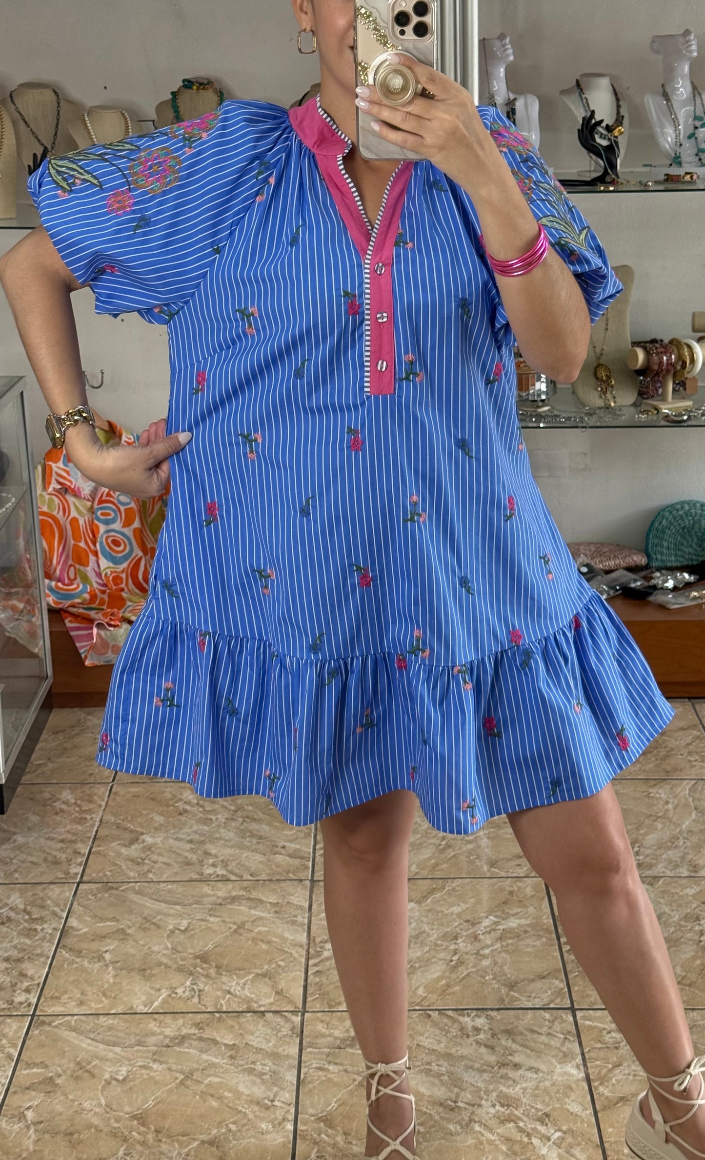 Puff Sleeves Floral Embroidered Mini Dress