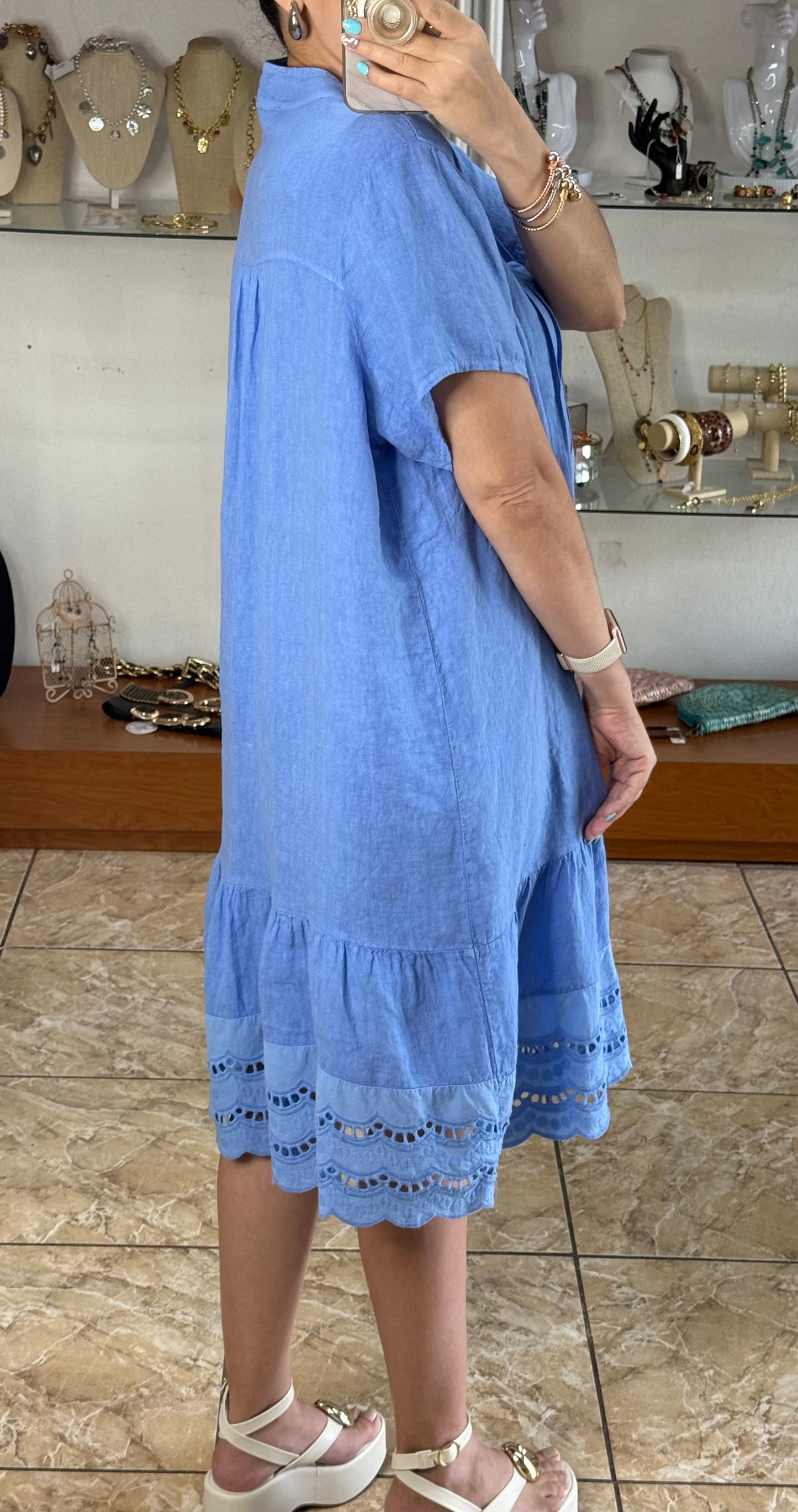 Eyelet Trim OS Linen Midi Dress (FINAL SALE)