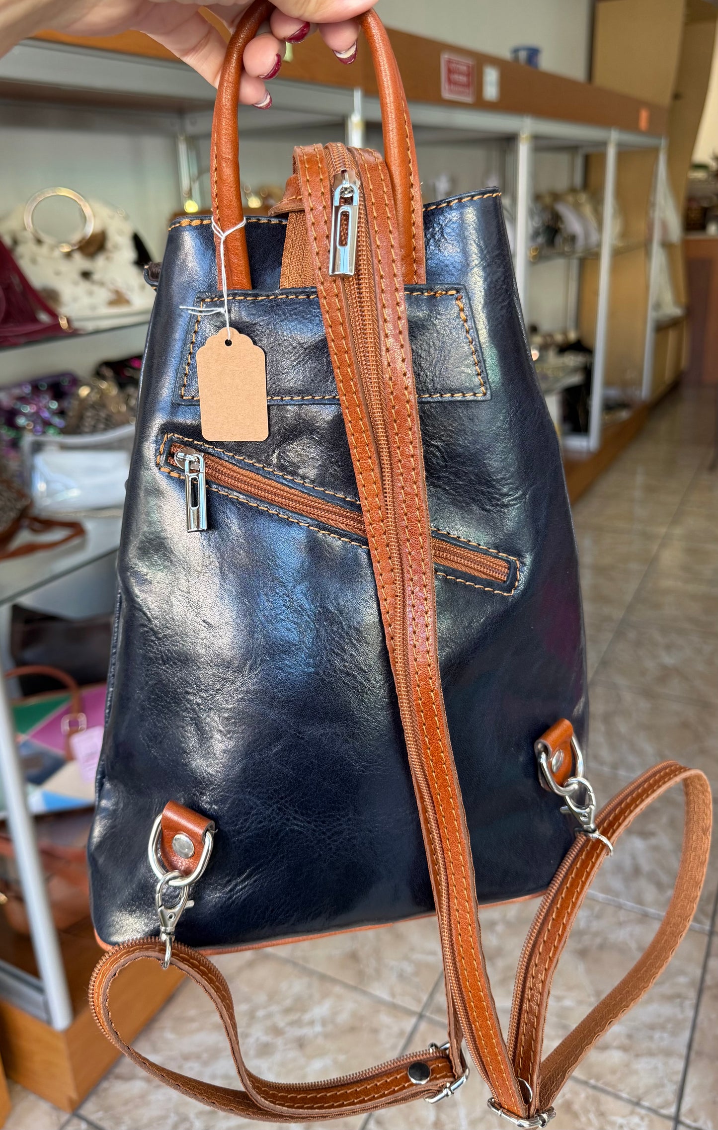 Navy/Brown Leather Backpack (FINAL SALE)