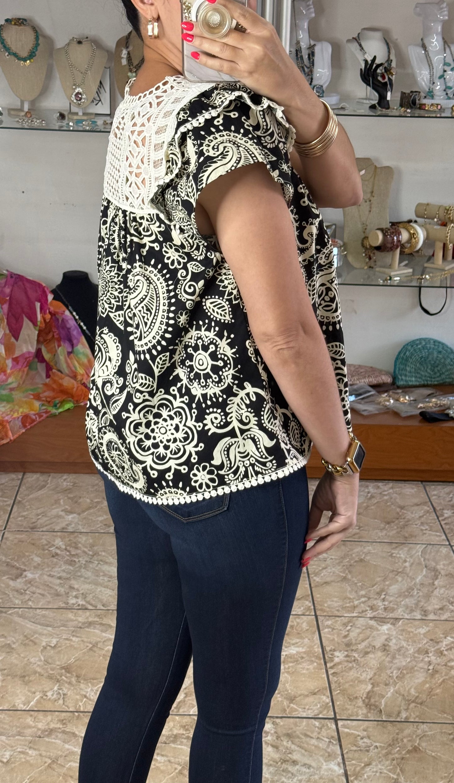 Black/Cream Paisley Top