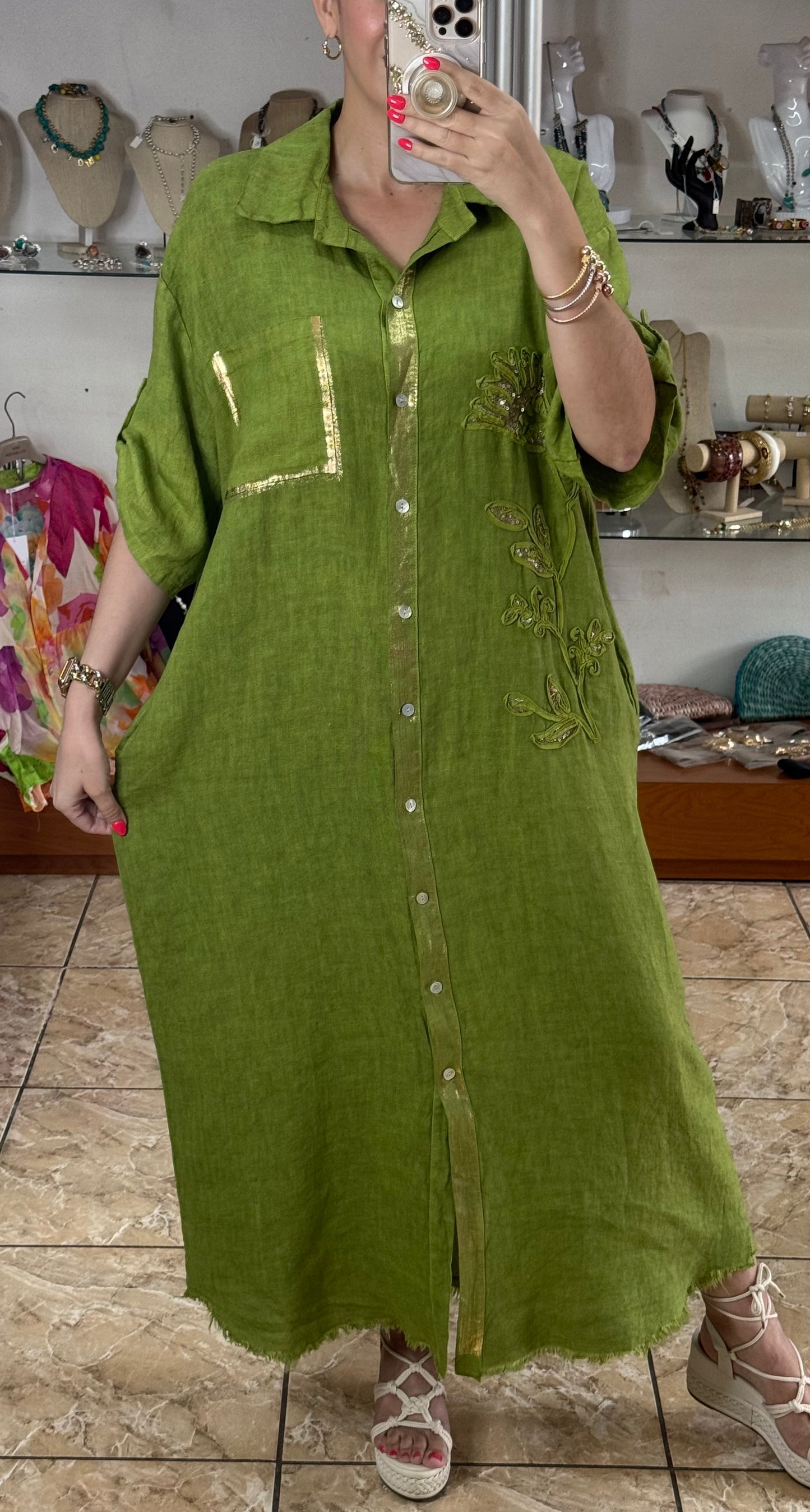 Gold Details Button Down OS Linen Maxi Dress (NO RETURNS OR EXCHANGE)