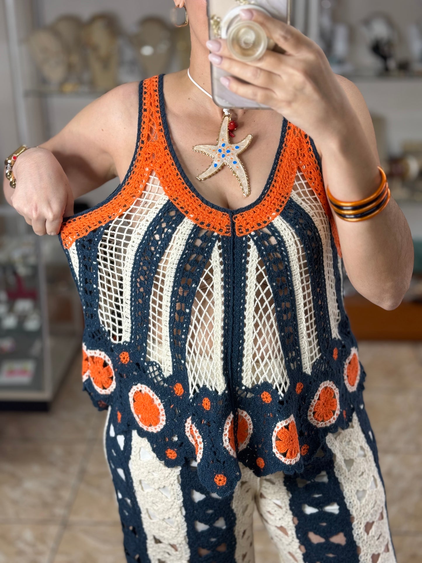 Navy/Orange Mix Crochet OS Top (NO RETURNS OR EXCHANGE) (PANT SOLD SEPARATELY)