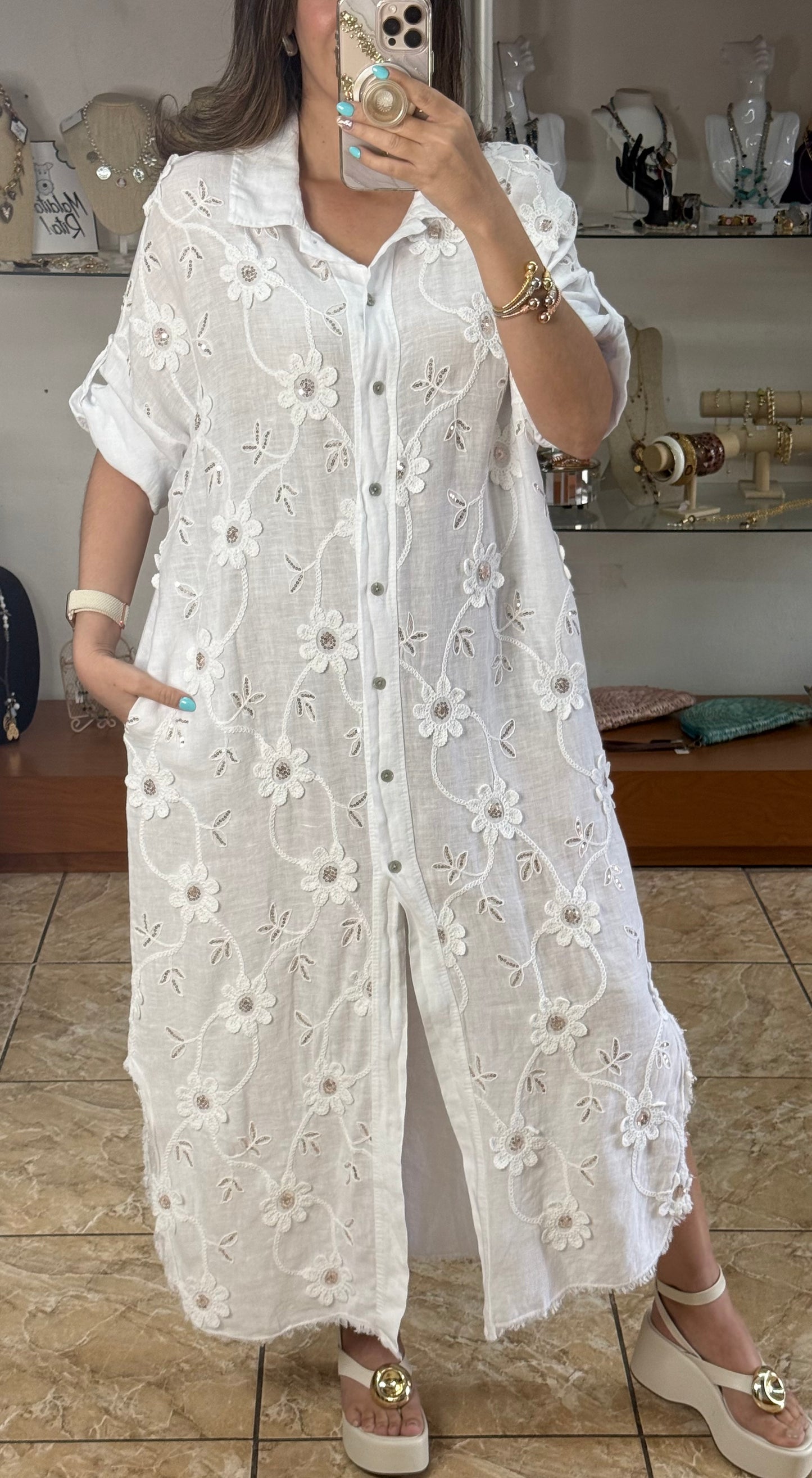 OS Embroidered/Sequins Linen Maxi Dress (NO RETURNS OR EXCHANGE)