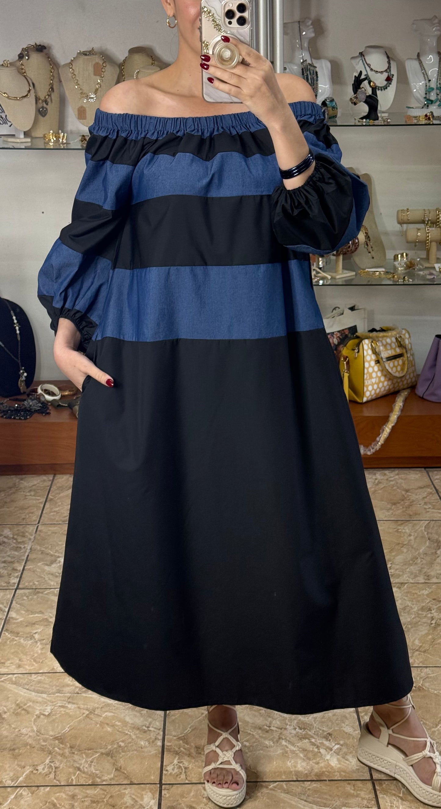 Off Shoulder Black/Denim Maxi Dress