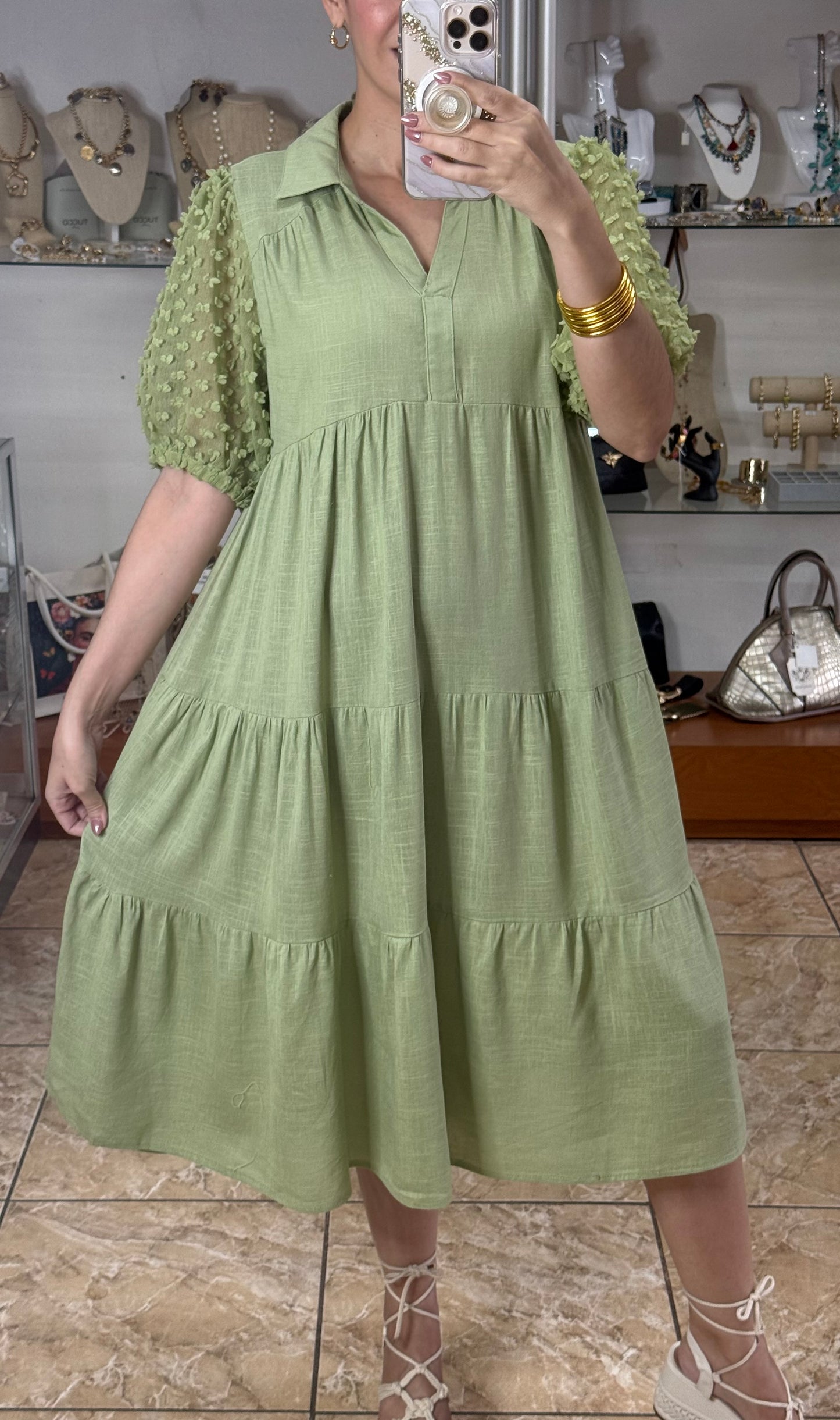 Green Linen Blend Midi Dress