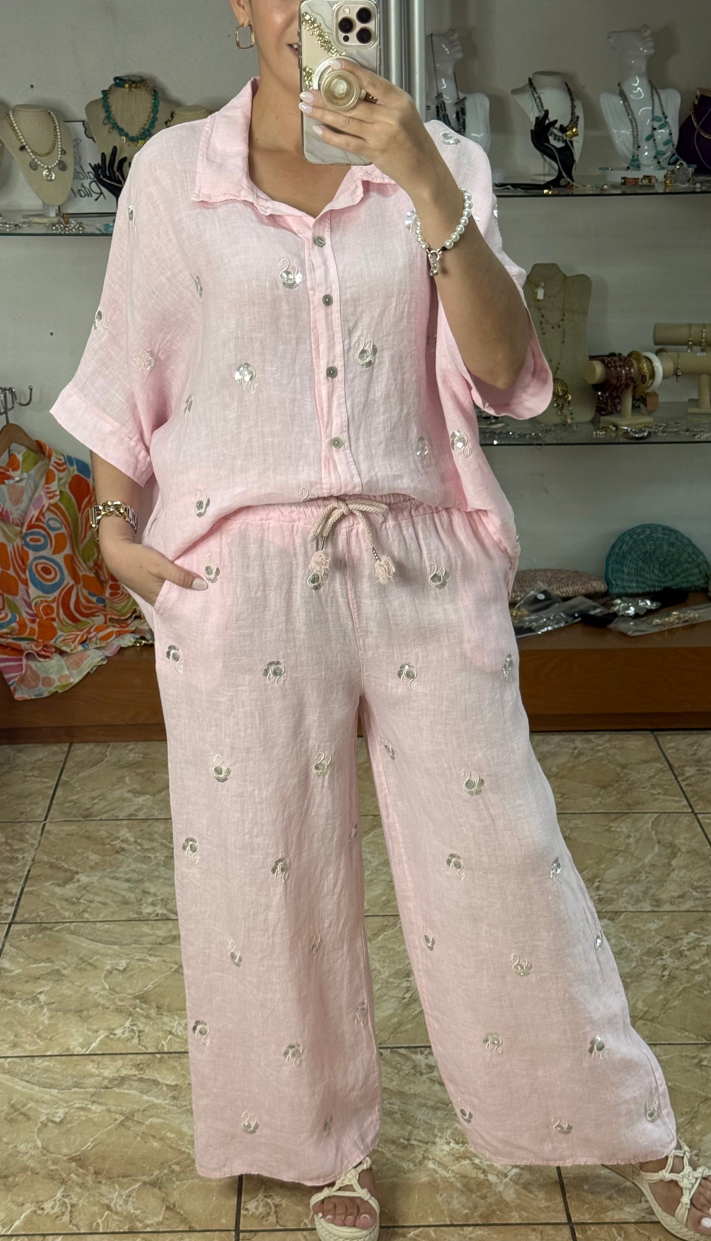 Swans Sequins OS Linen Pant Set (NO RETURNS OR EXCHANGE)
