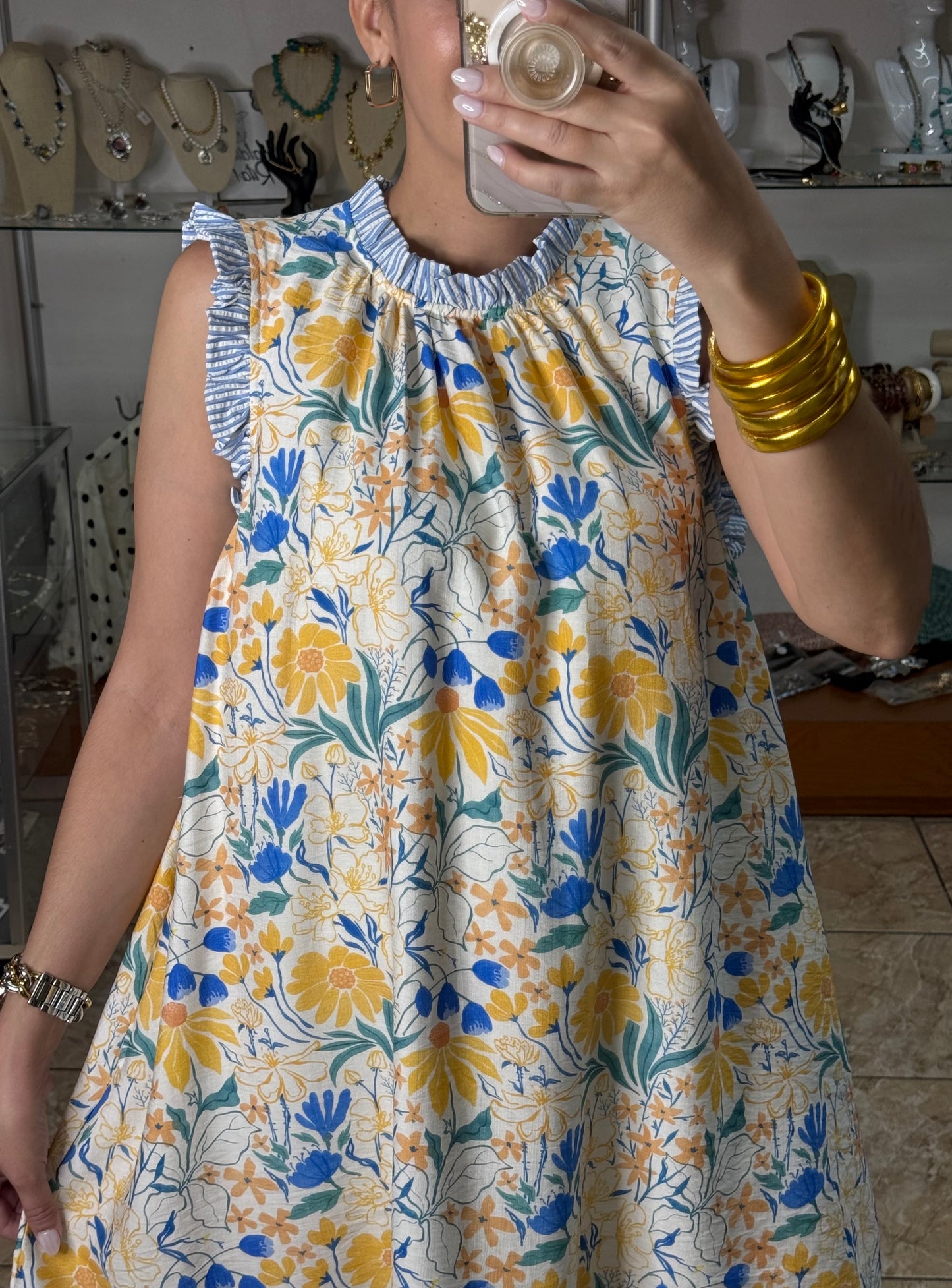 Blue/Yellow Floral Sleeveless Dress