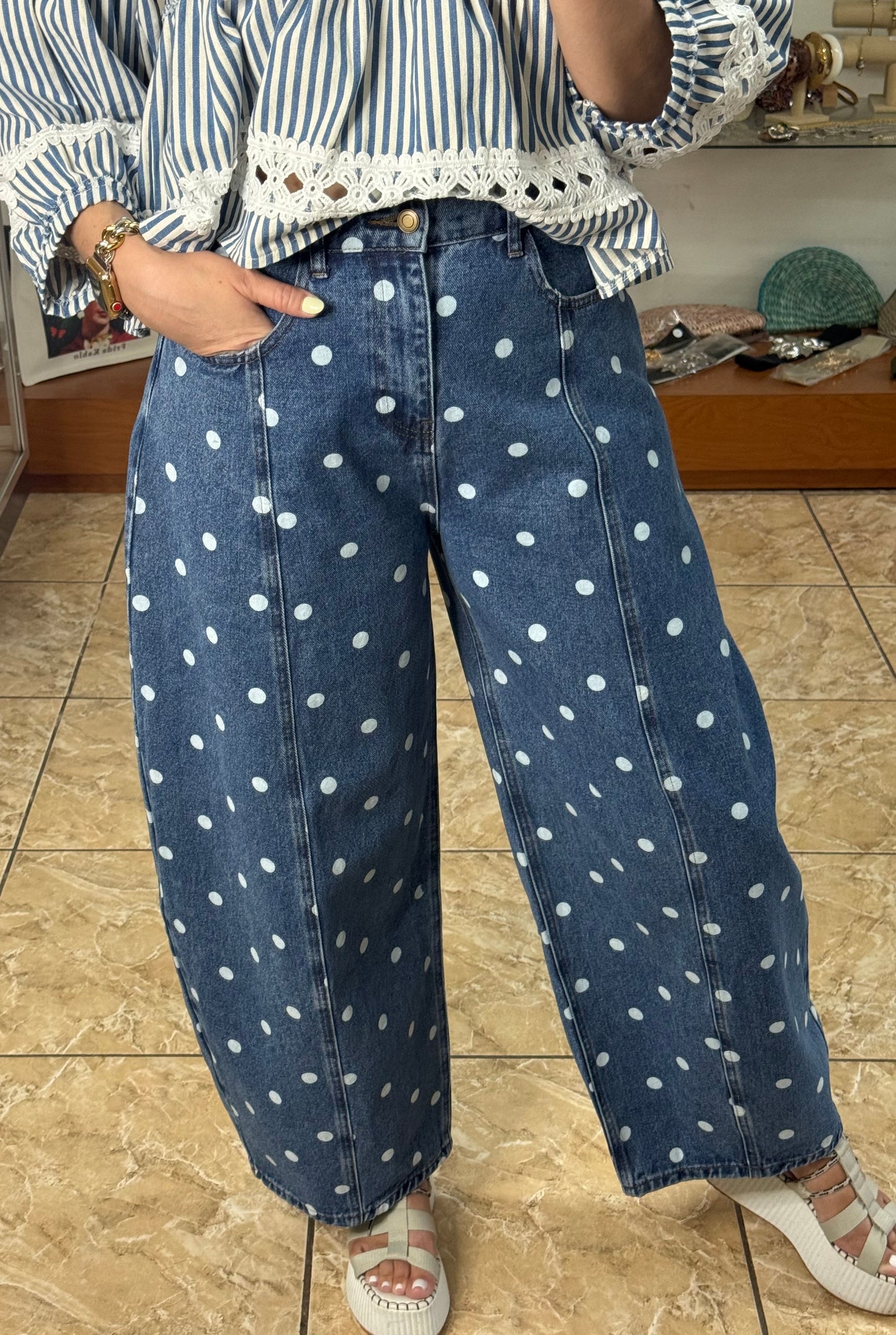 Barrel Style Polkadot Denim Pant