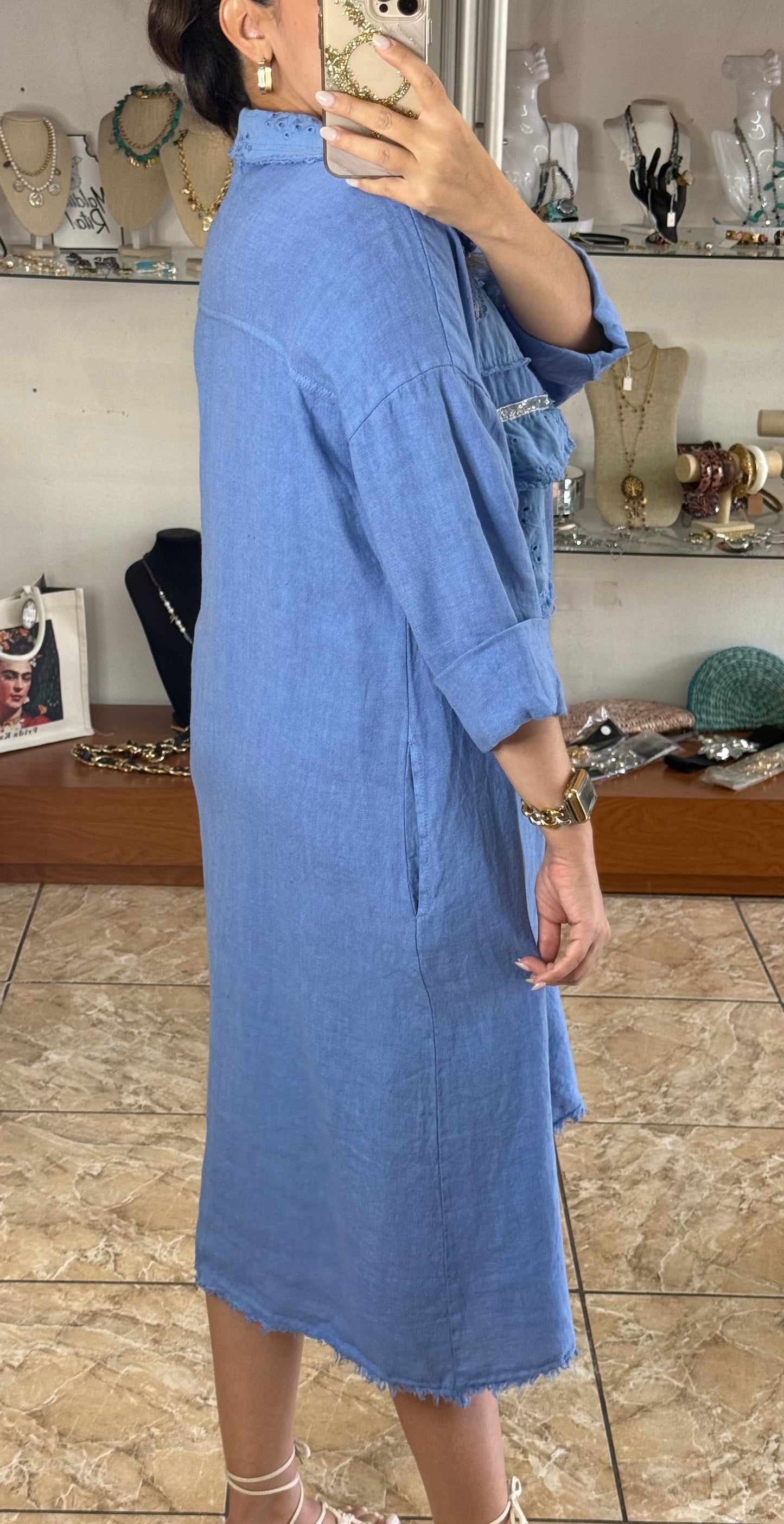 Long Sleeves OS Linen Midi Dress (NO RETURNS OR EXCHANGE)