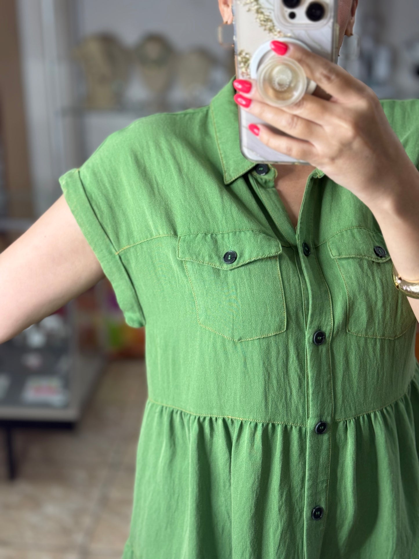 Sage Button Down Short Dress