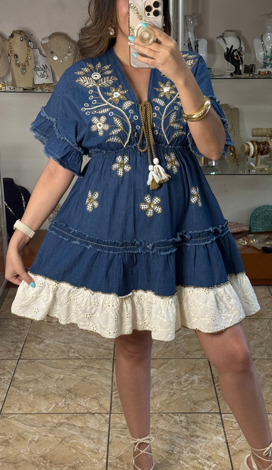 OS Short Embroidered Denim Dress (NO RETURNS OR EXCHANGE)