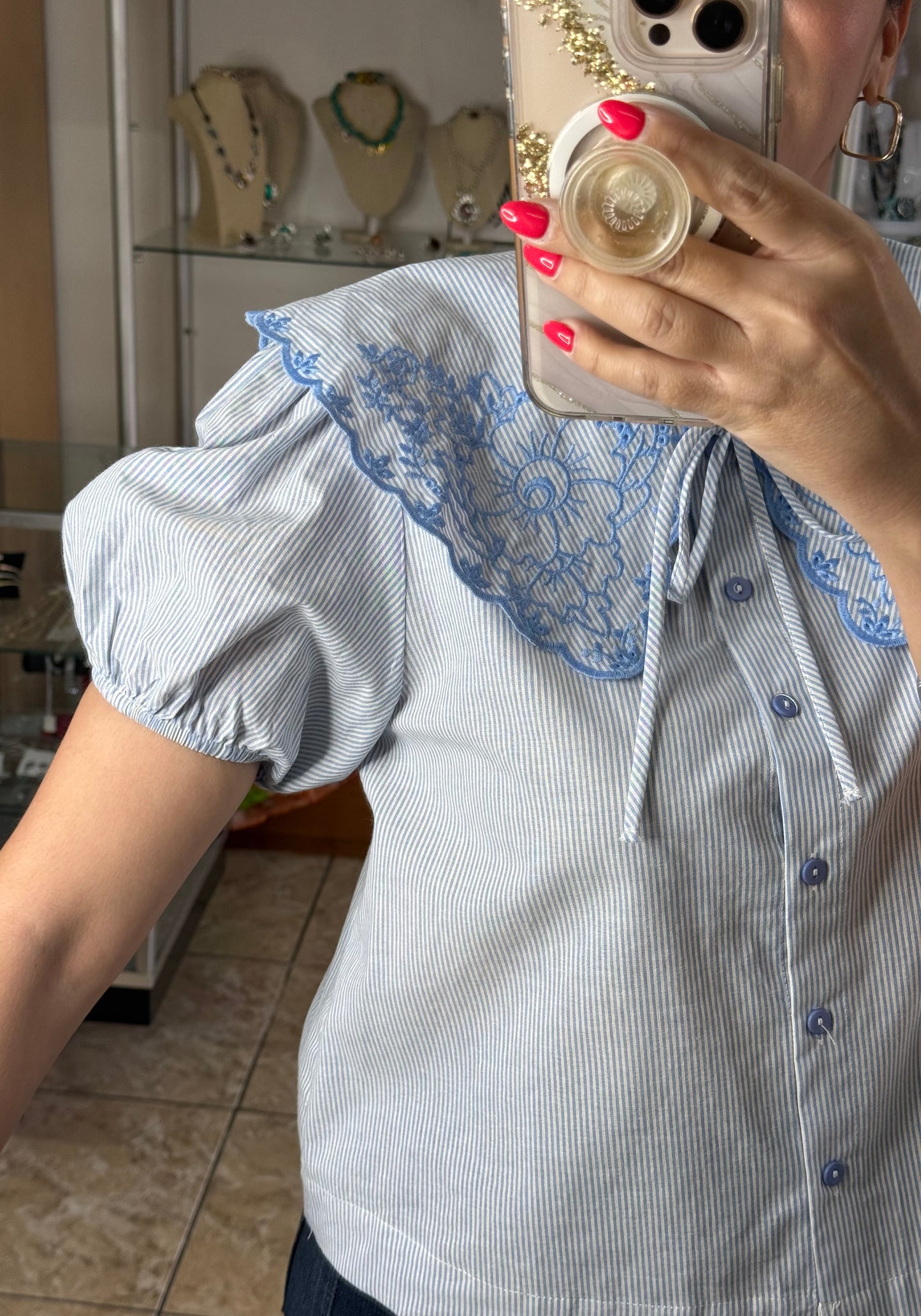 Peter Pan Neck Embroidered Stripes Top