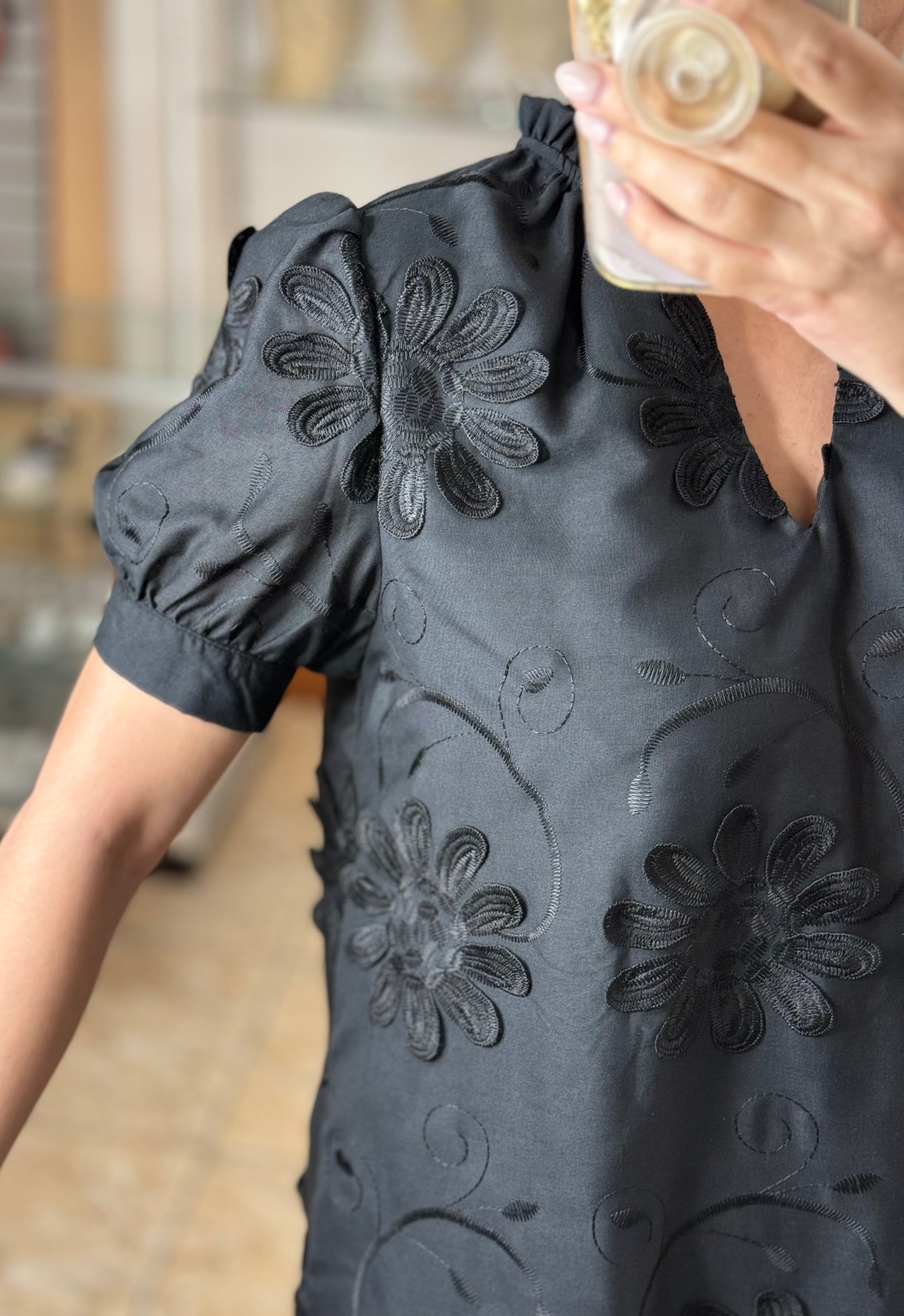 Black Floral Appliqué Embroidered Dress