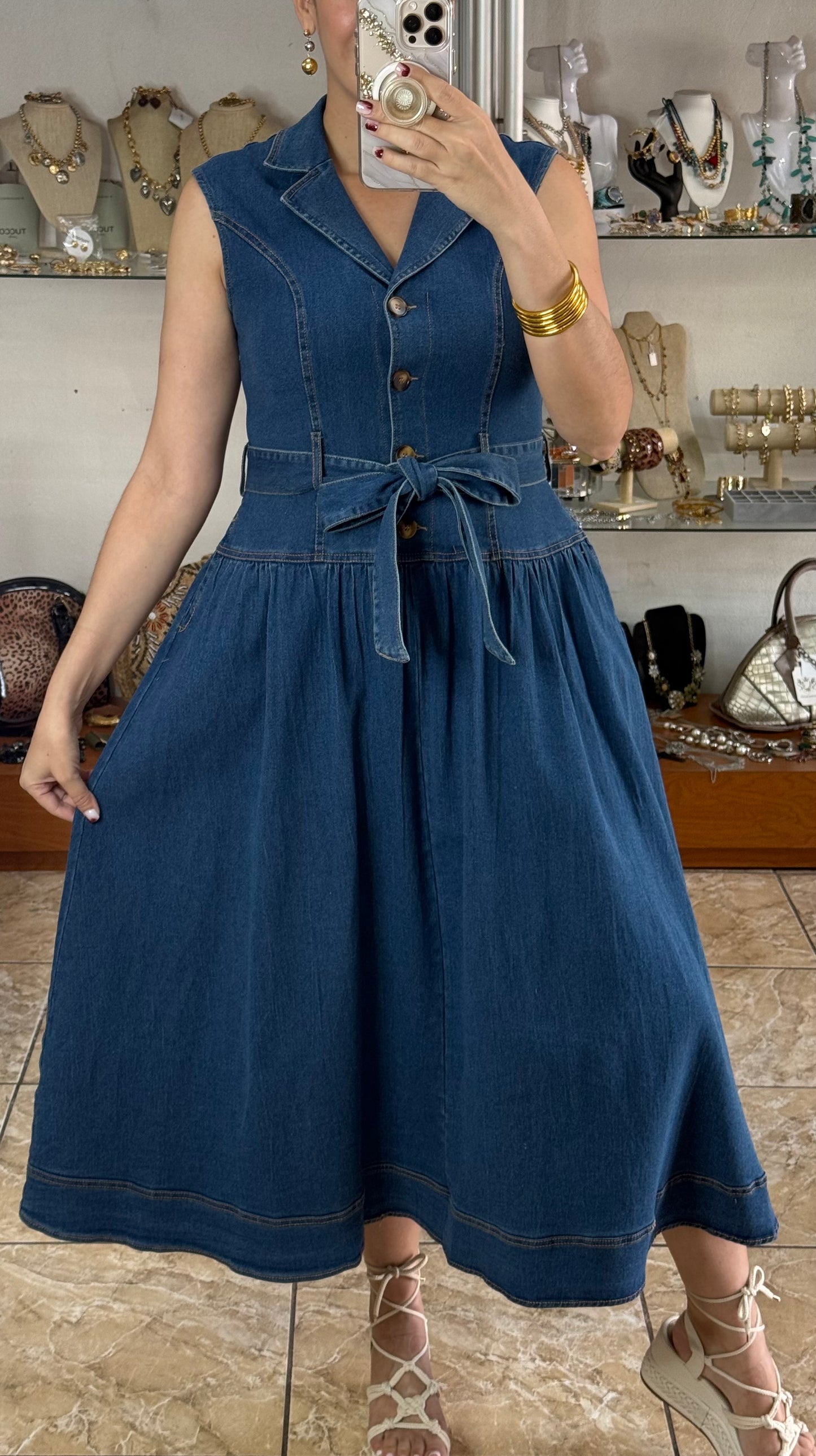 Sleeveless Belted Denim Dress