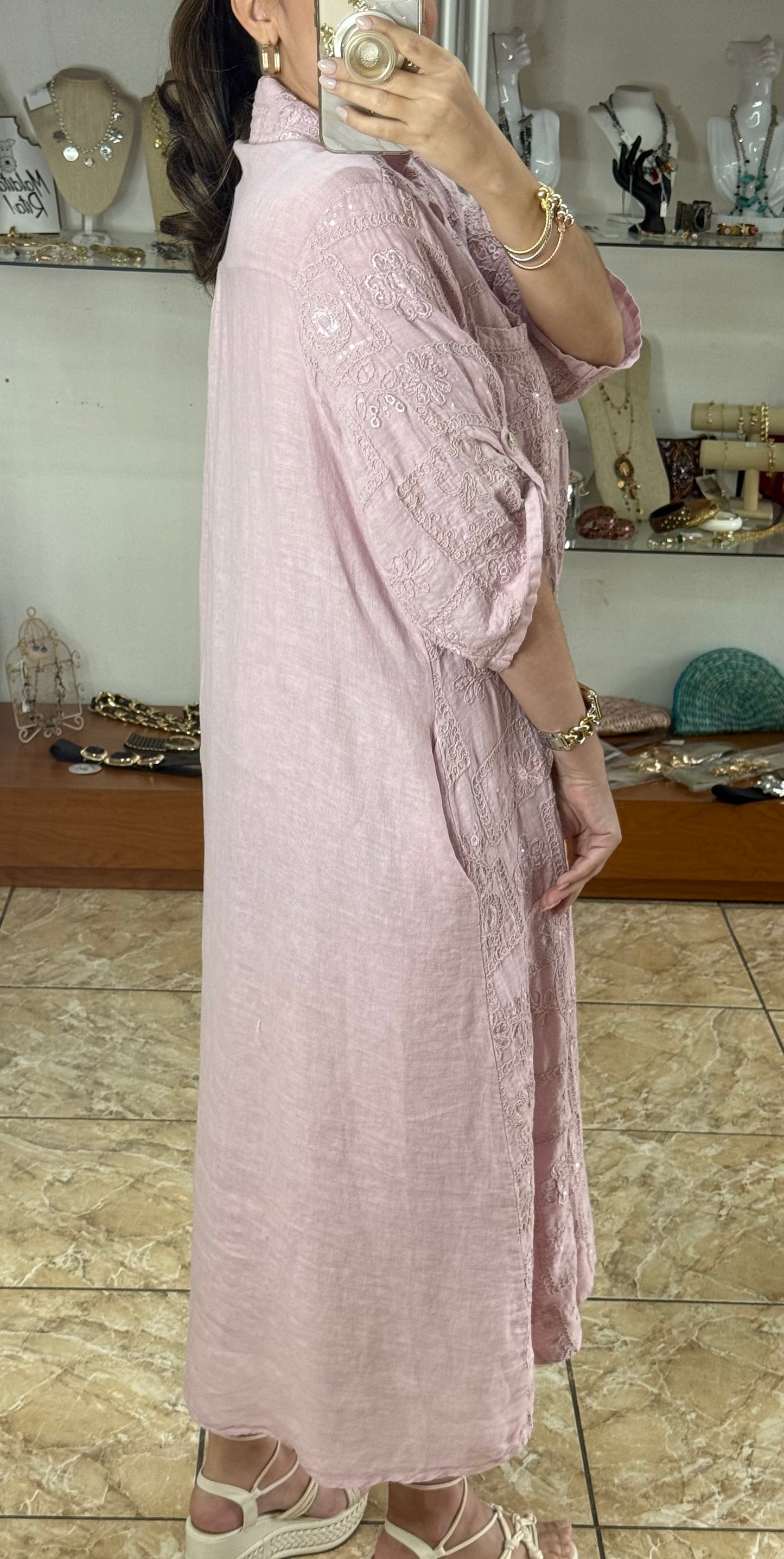 OS Sequins Embroidered Linen Maxi Dress (NO RETURNS OR EXCHANGE)