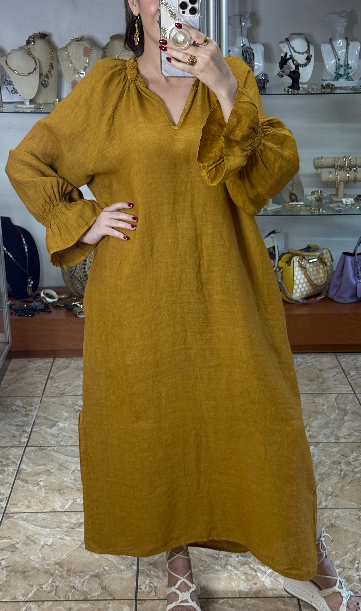 Long Sleeves OS Linen Maxi Dress (FINAL SALE)