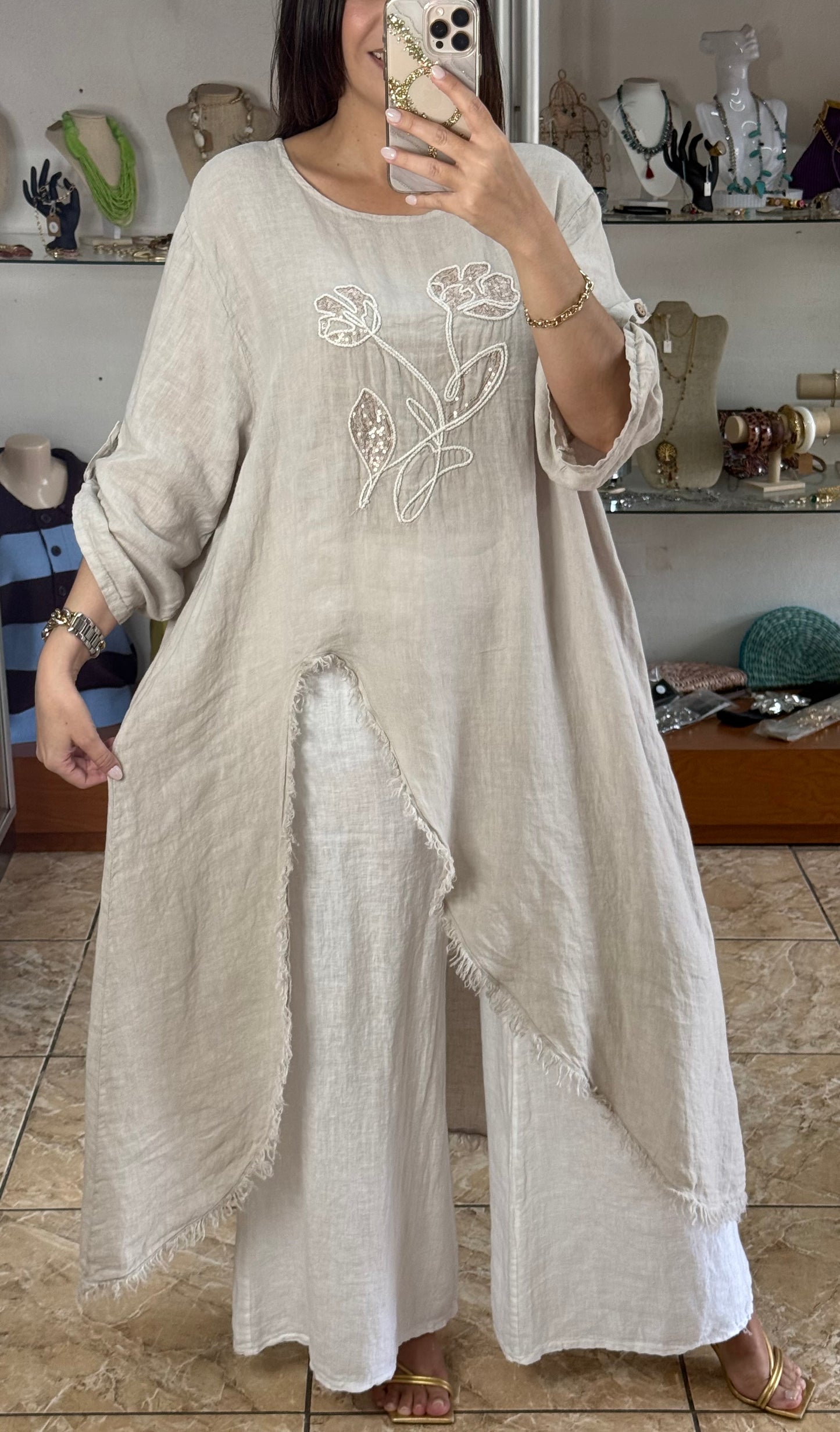 OS Asymmetrical Linen/Sequins Top (NO RETURNS OR EXCHANGE) (PANT SOLD SEPARATELY)