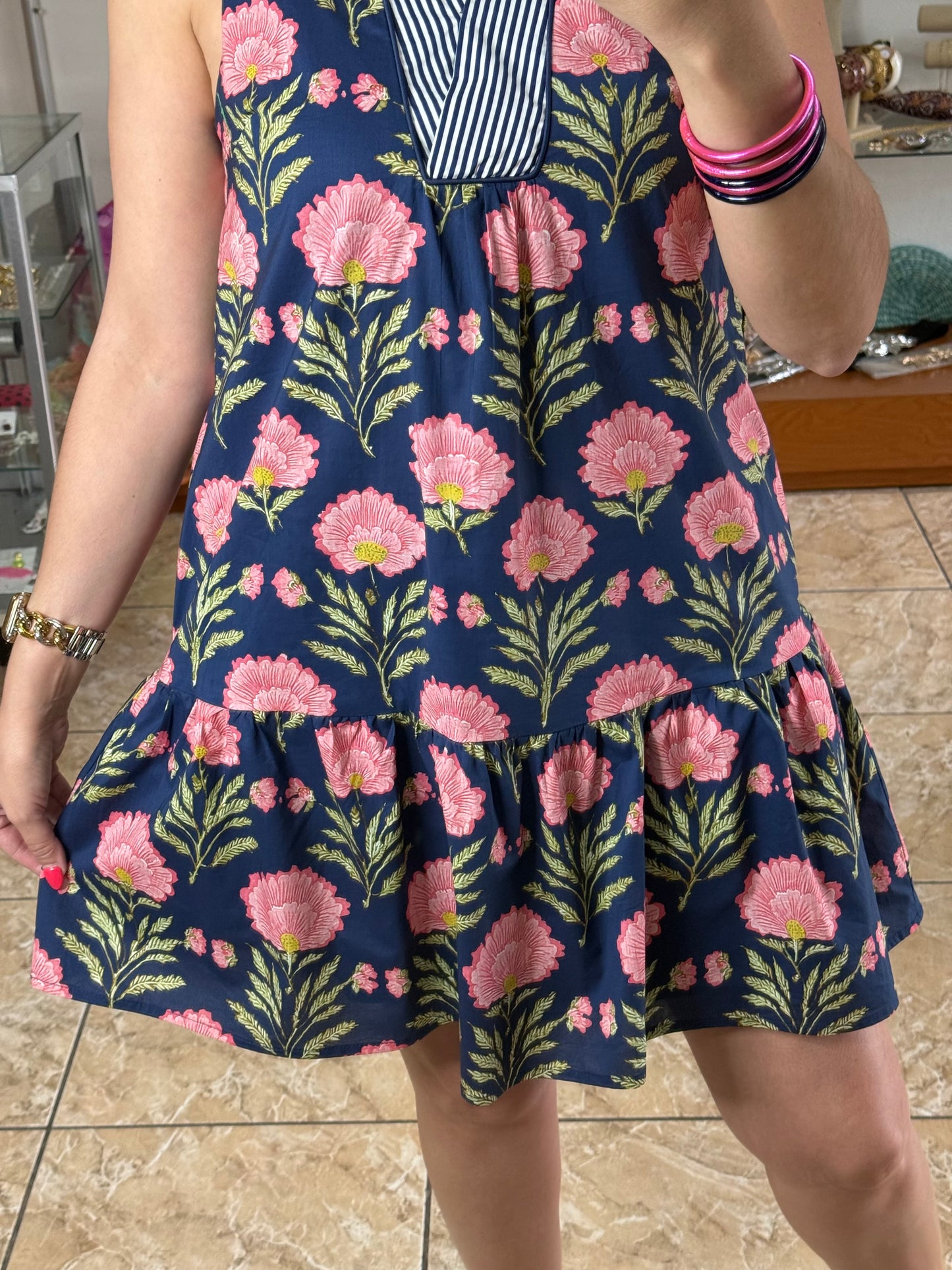 Navy Floral/Stripes Sleeveless Mini Dress
